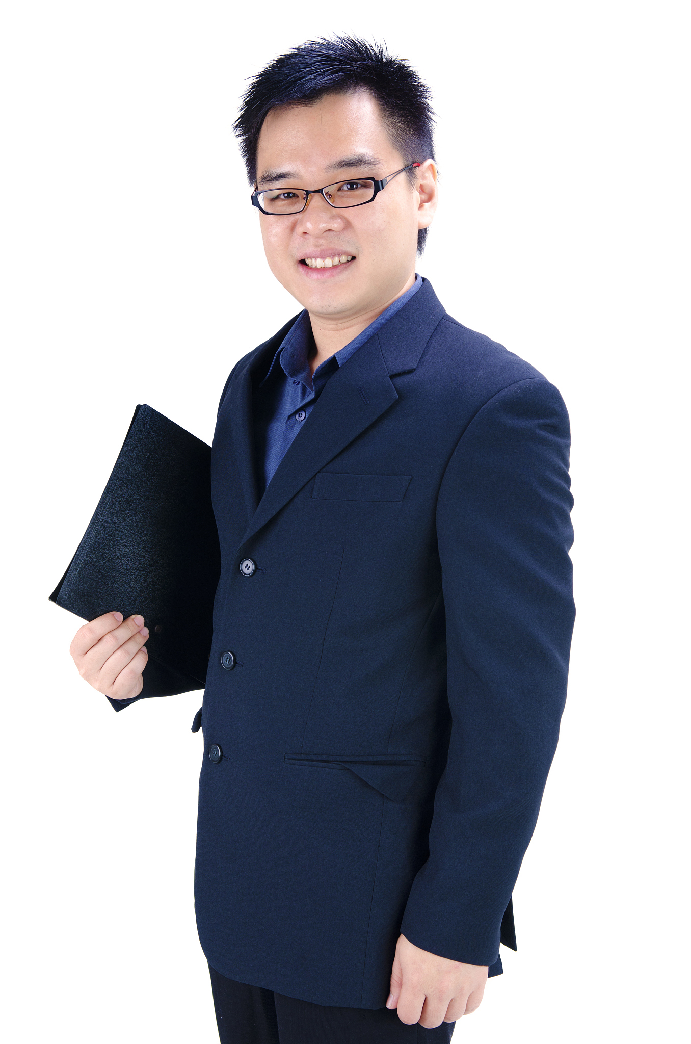 asian businessman holding a folder. isolated on white background