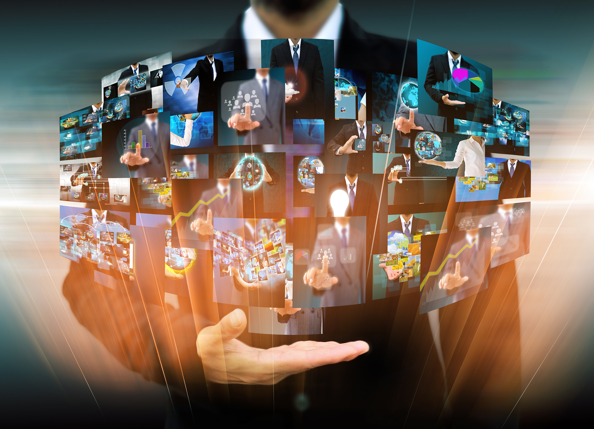 businessman holding reaching images streaming in hands .financia