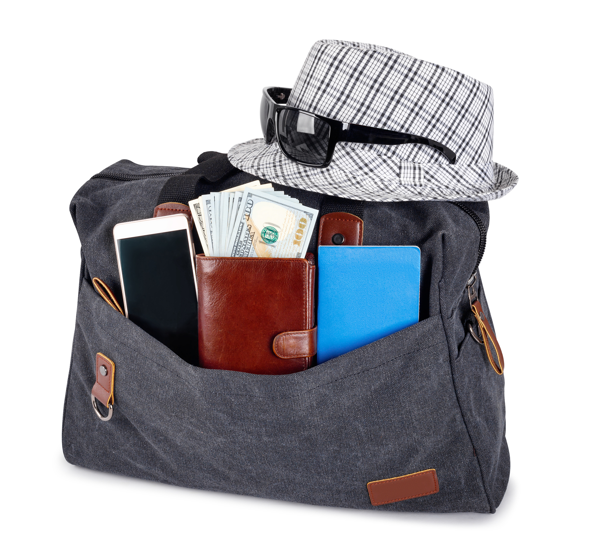 large black stylish travel bag for travel with hat, passports, a