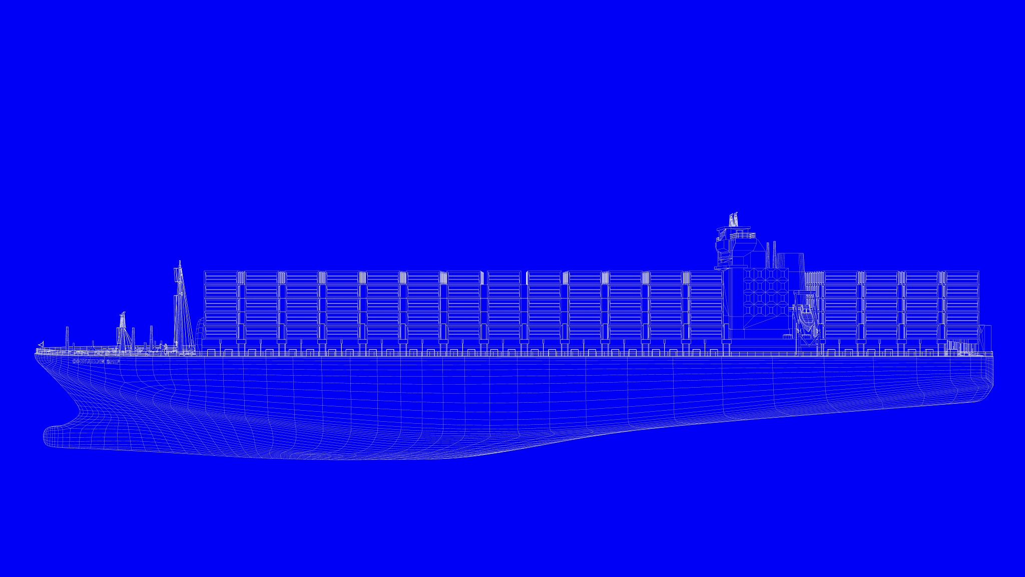 3d rendering of a blue print ship in white lines on a blue backg