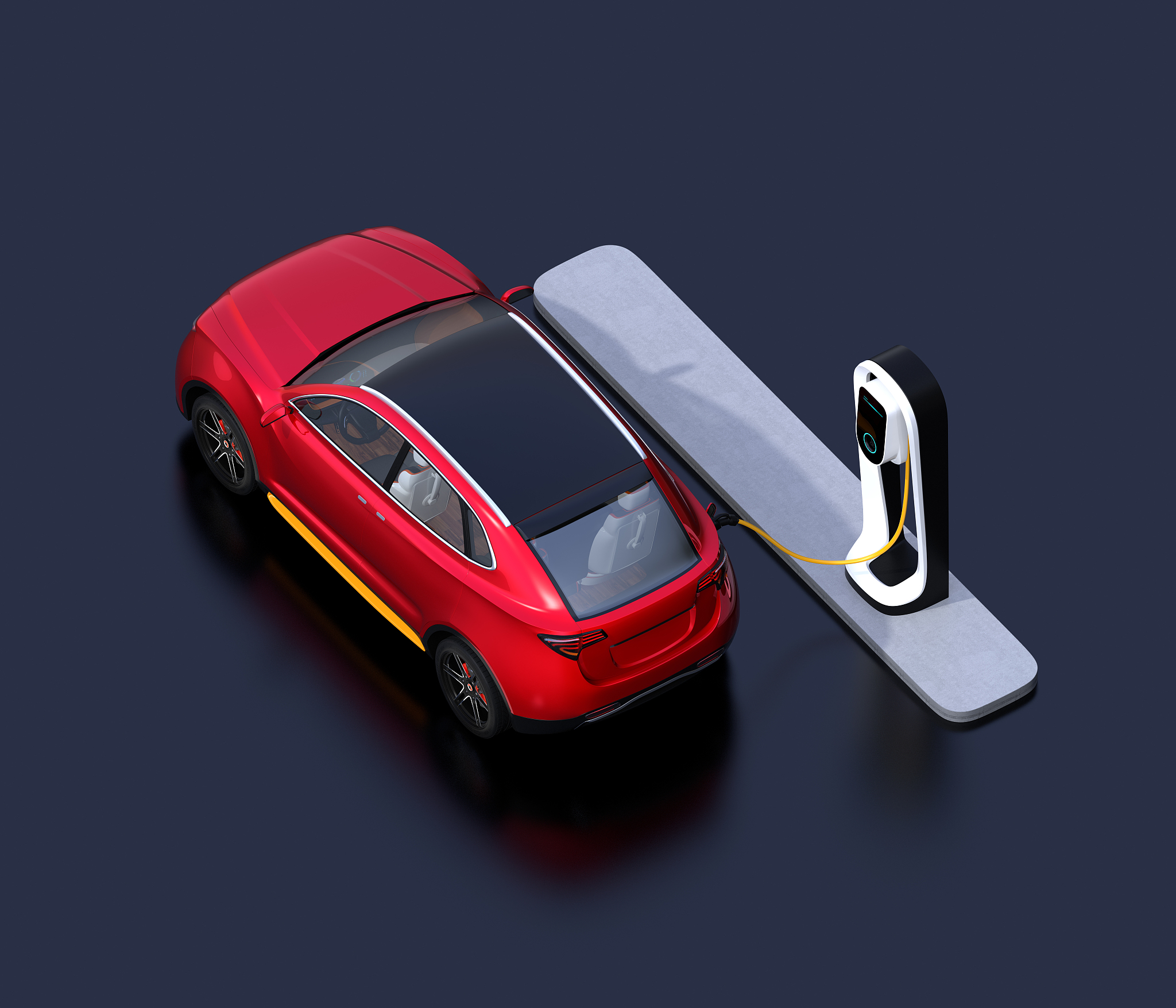 isometric view of red electric suv car charging in charging stat