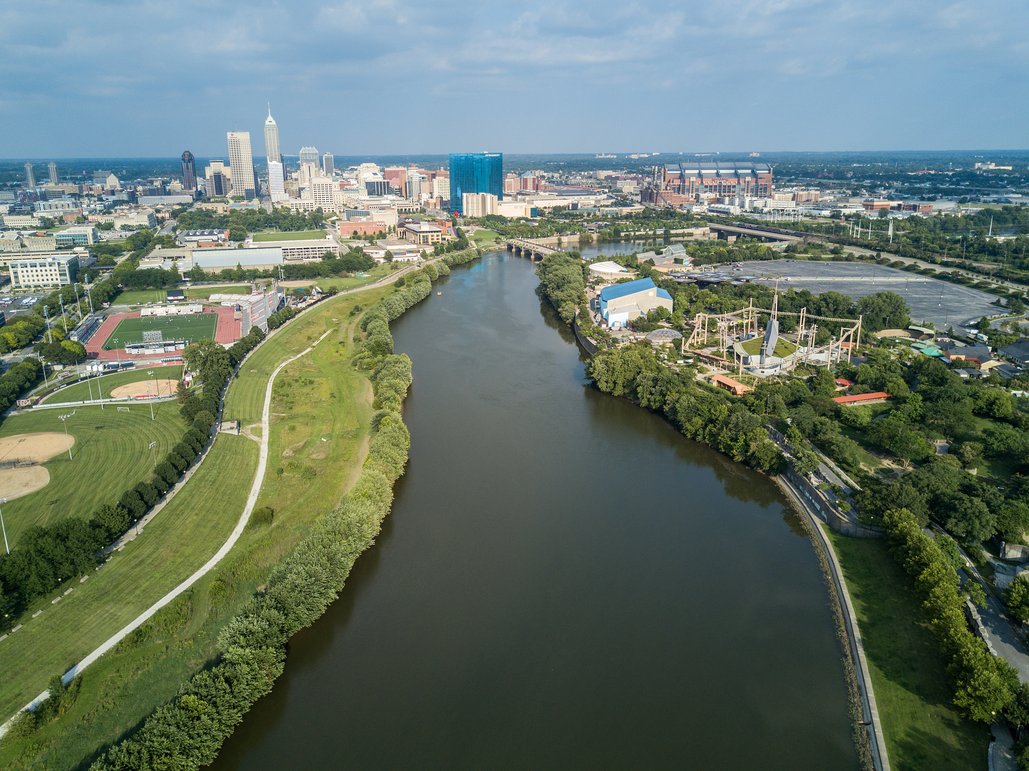 drone view on indianapolis downtown, usa