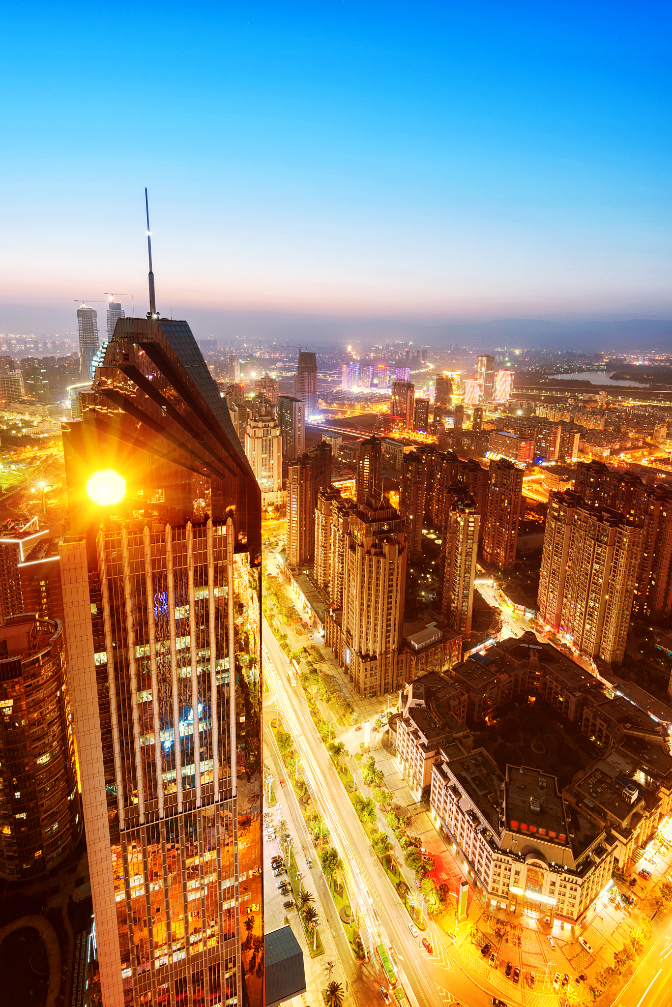 overhead over the city,