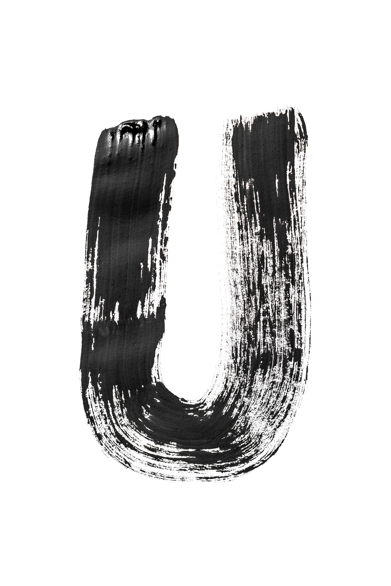 the english alphabet, the letter 'u' is written in black paint o