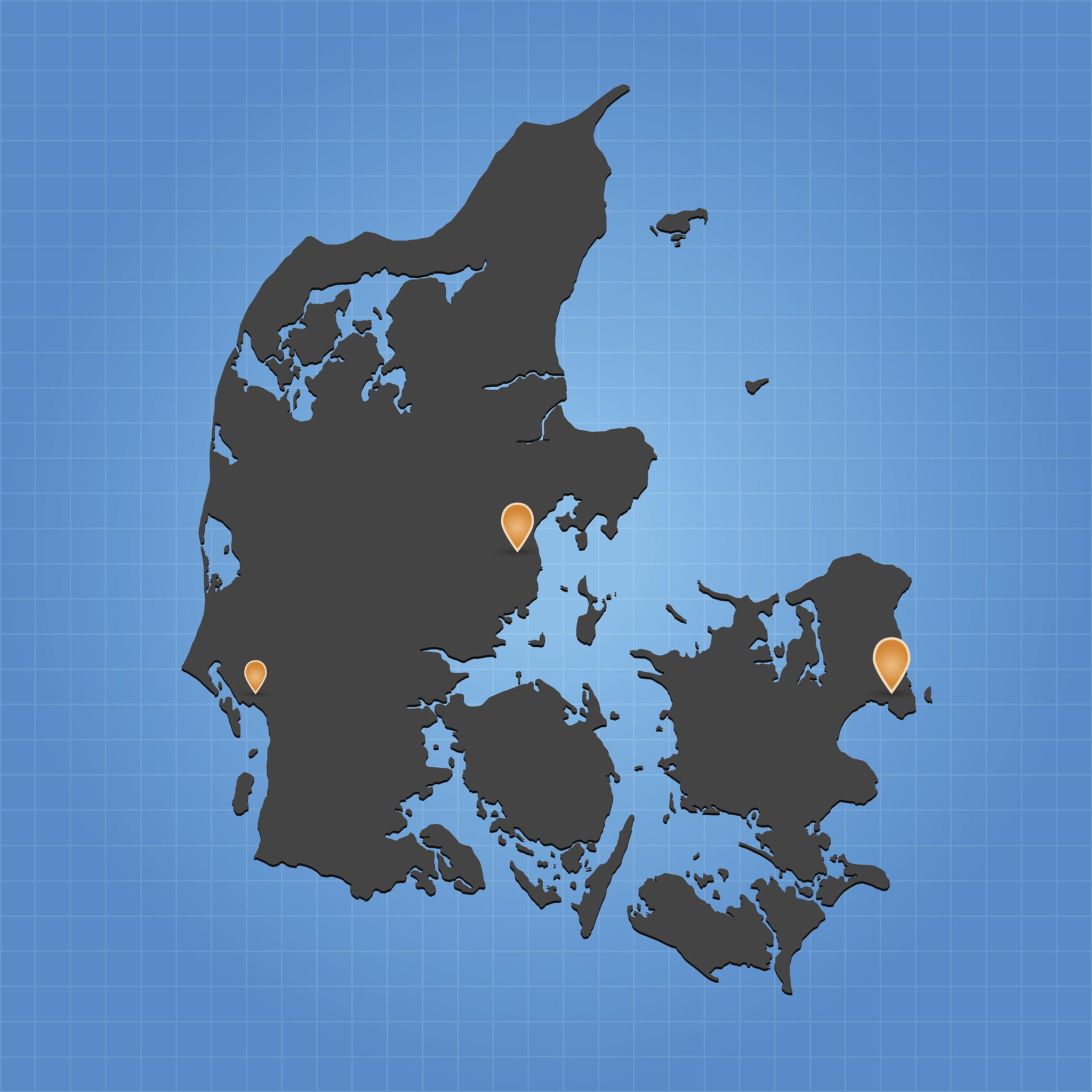 denmark dark map with city markes on gradient grid background