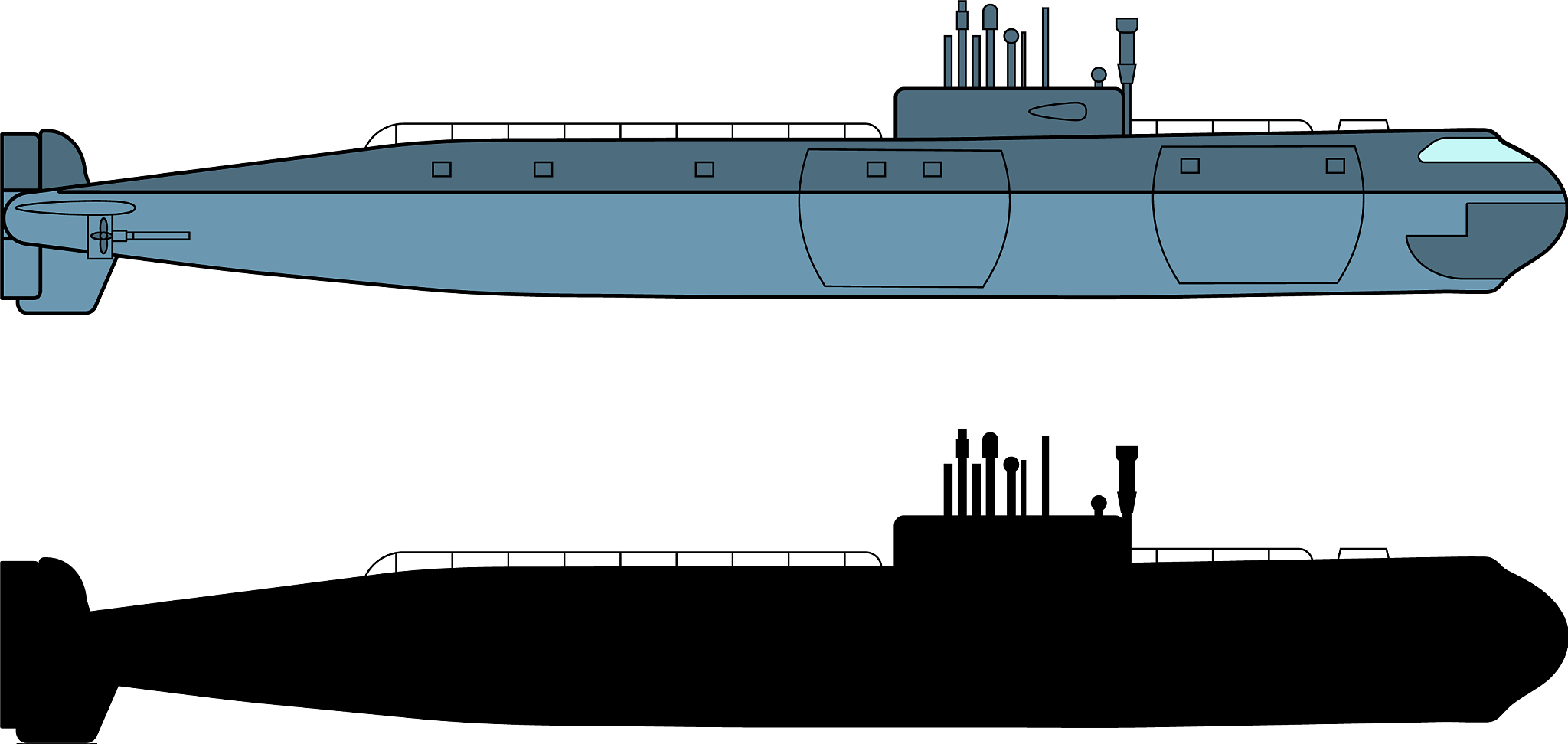detailed submarine and black silhouette side view