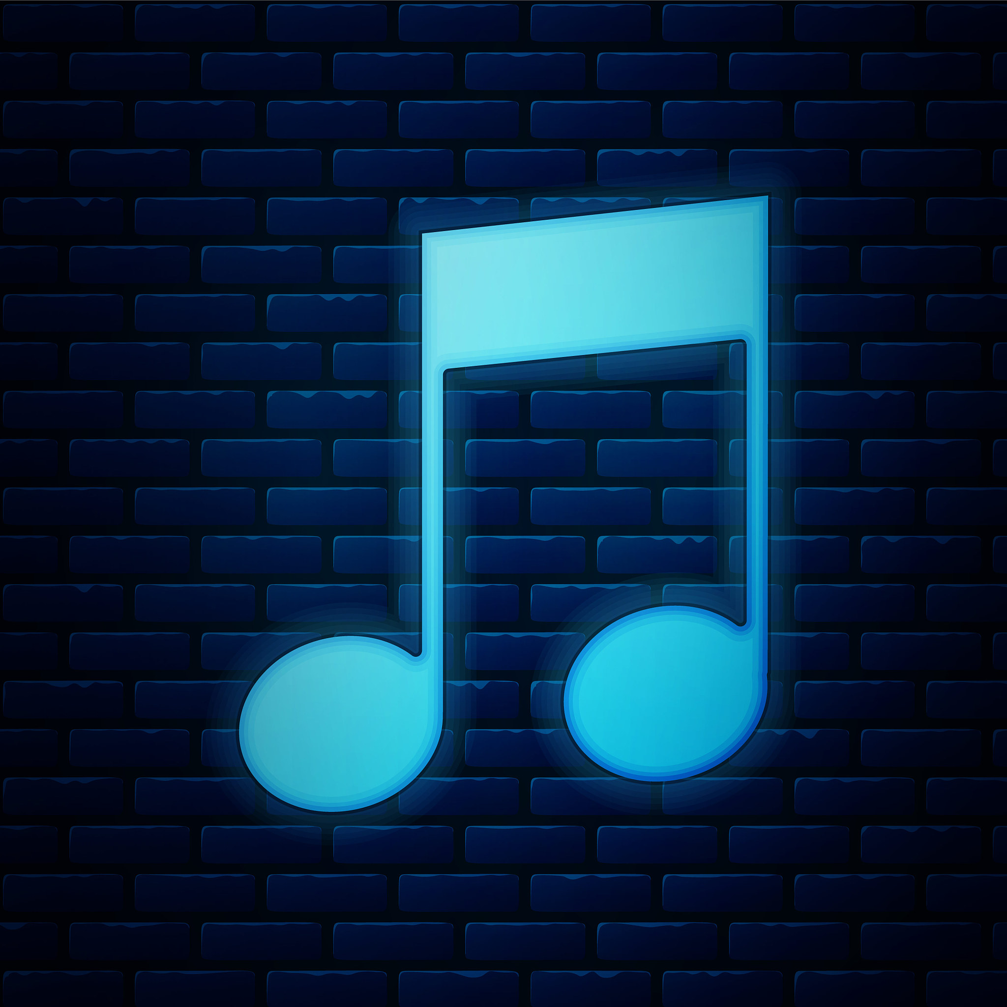 glowing neon music note, tone icon isolated on brick wall backgr