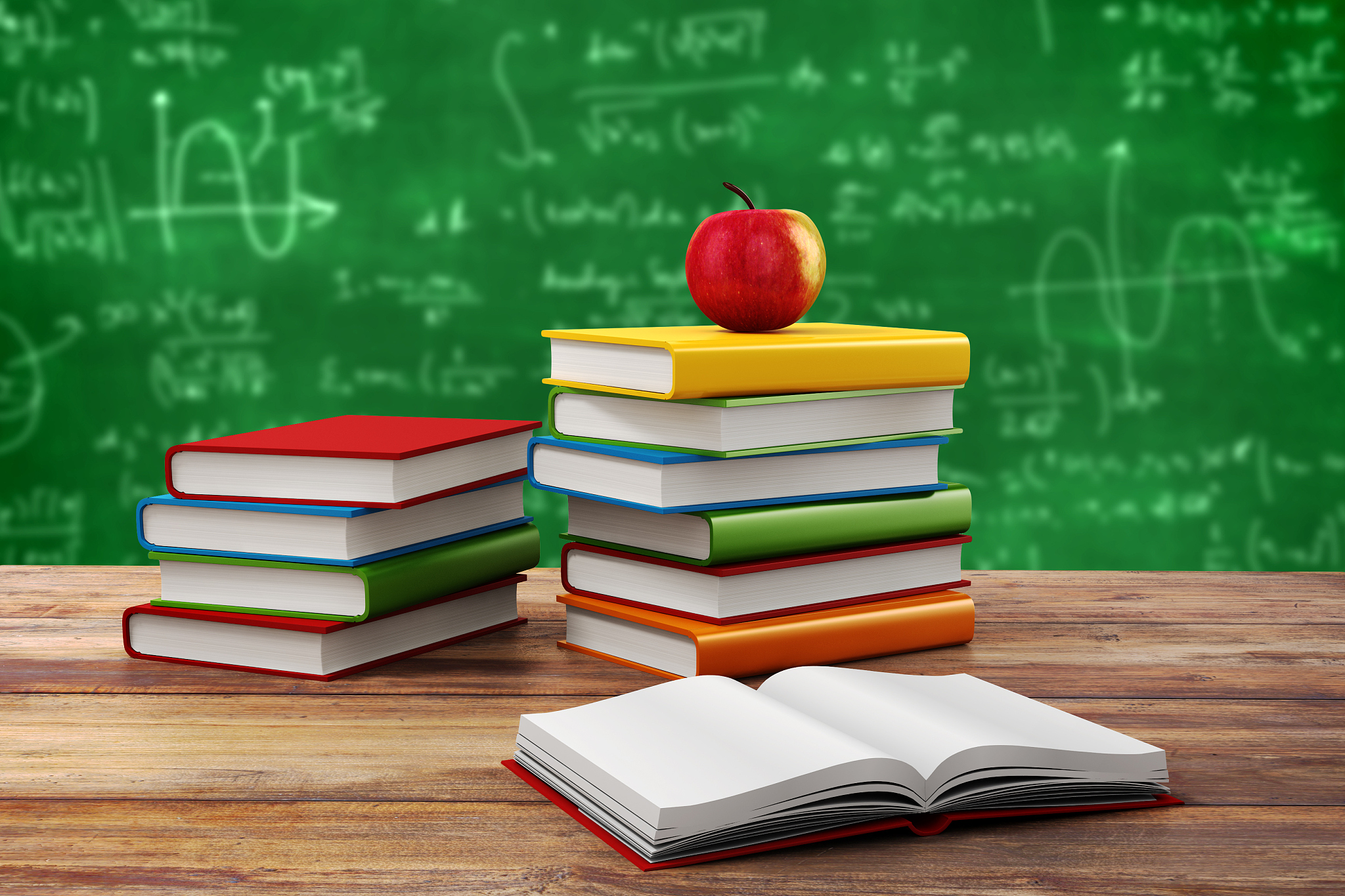 3d books and apple on white background