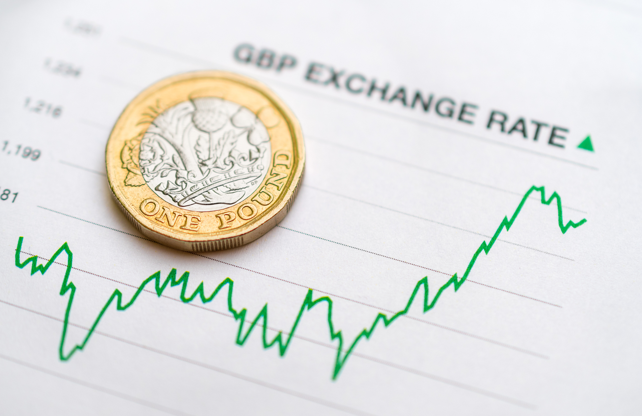 british pound exchange rate: british pound coin placed on a gree