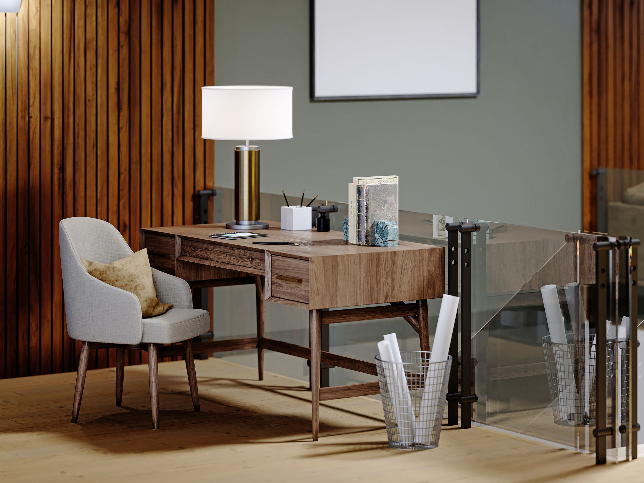 interior loft design with workspace and a desk against a wooden 