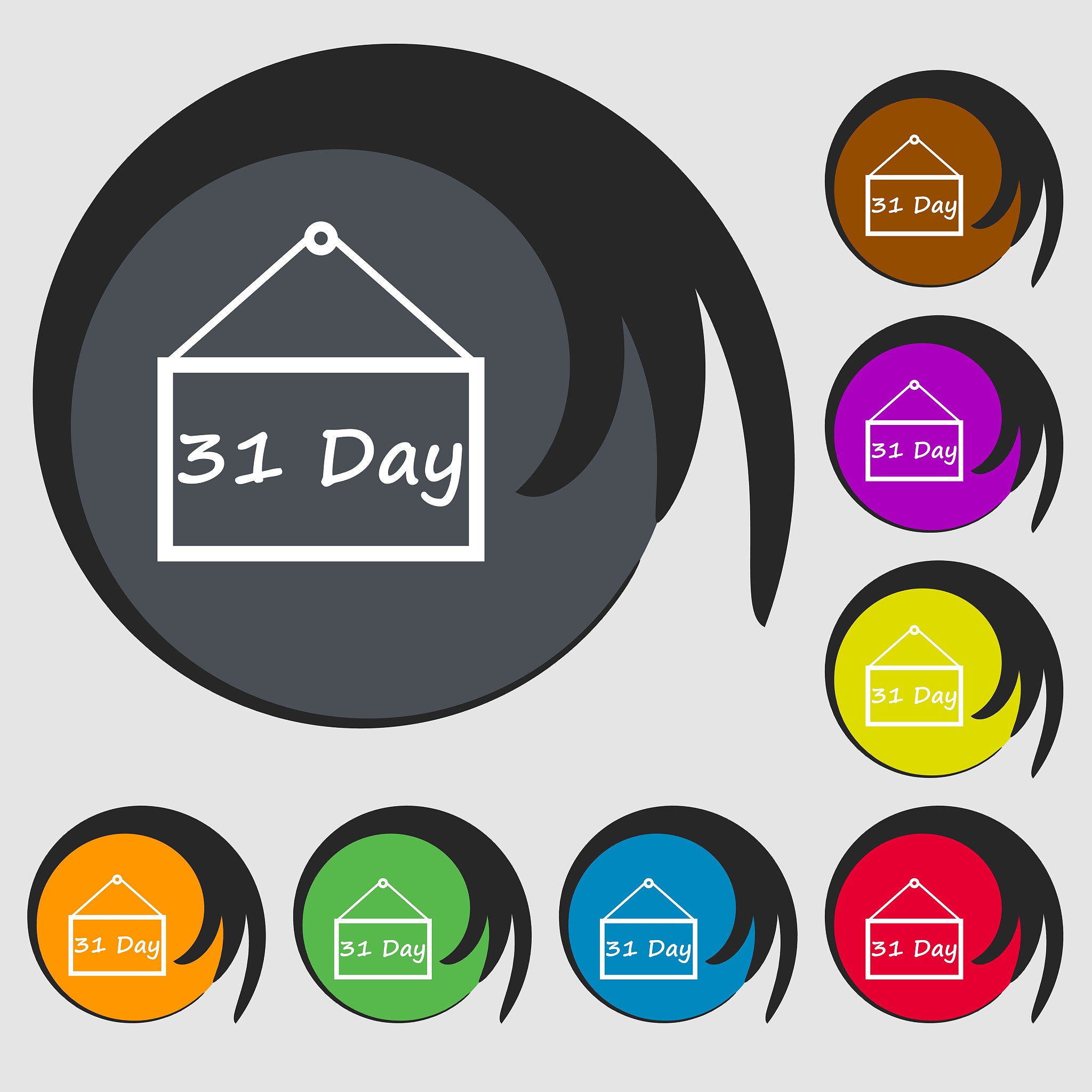 calendar day, 31 days icon sign. symbols on eight colored button