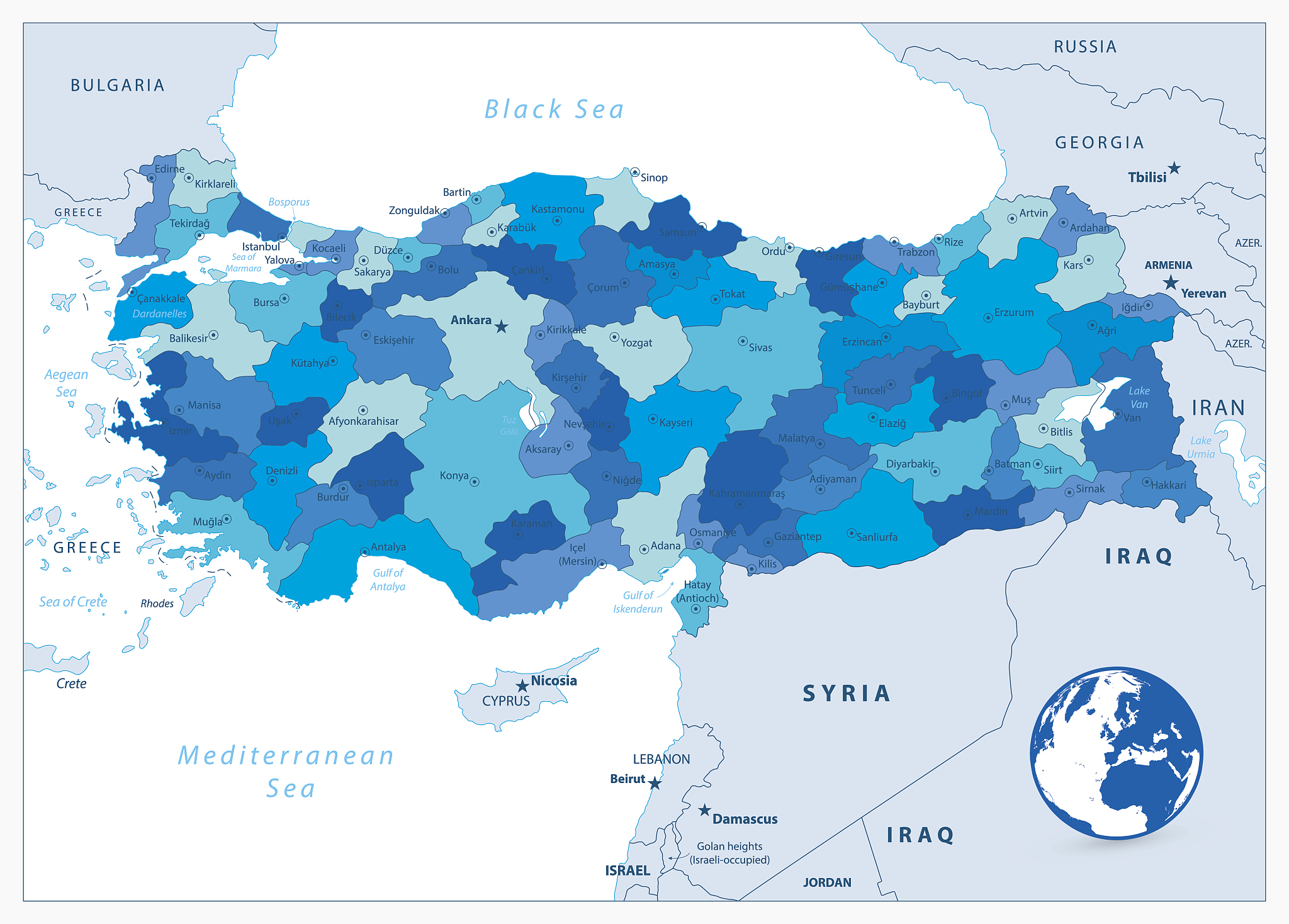 turkey administrative map in blue colors