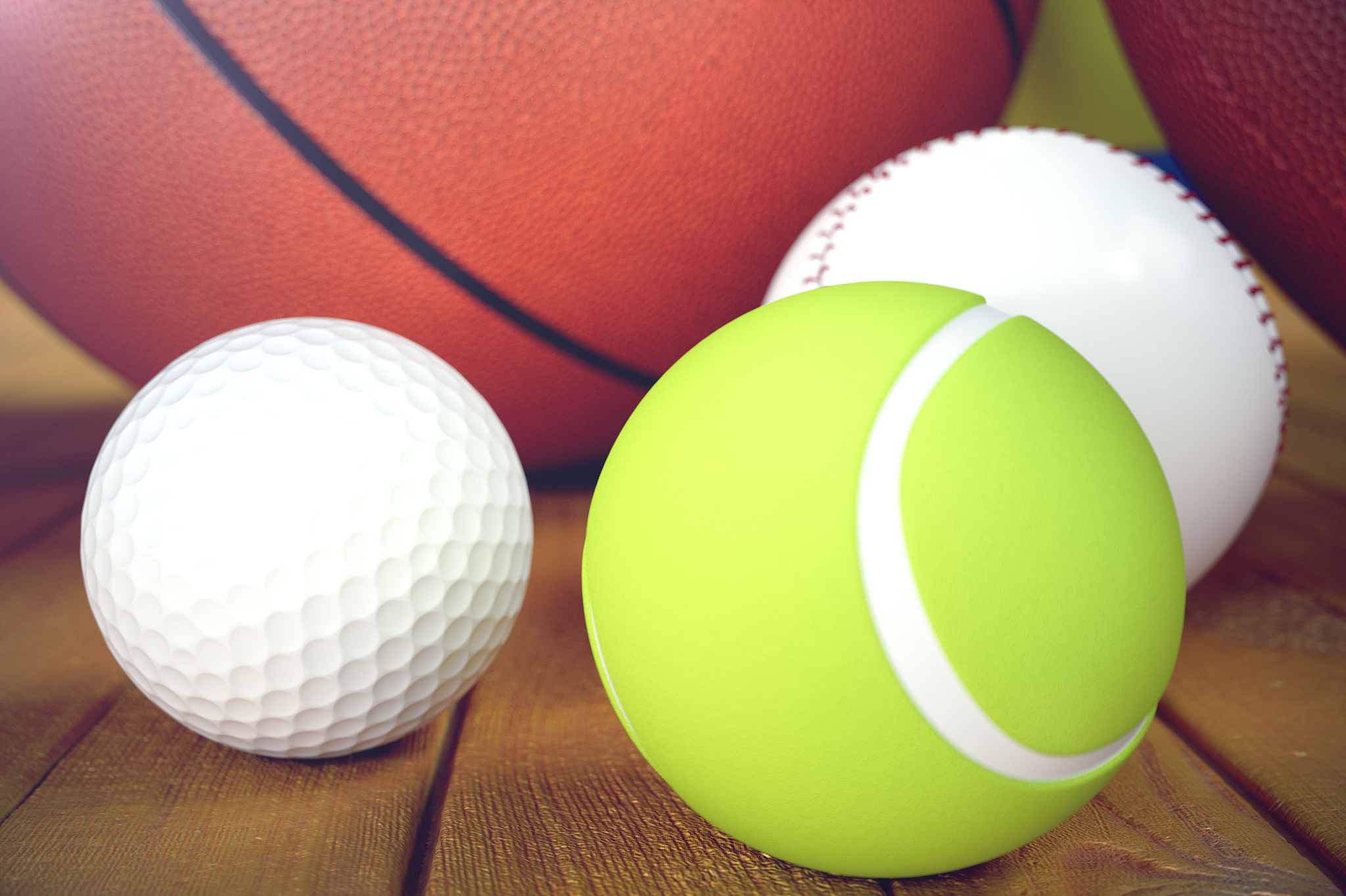 3d rendering sport balls on wooden backgorund. set of sport ball