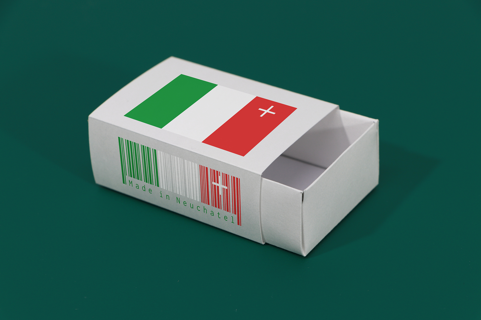 neuchatel flag on white box with barcode and the color of canton