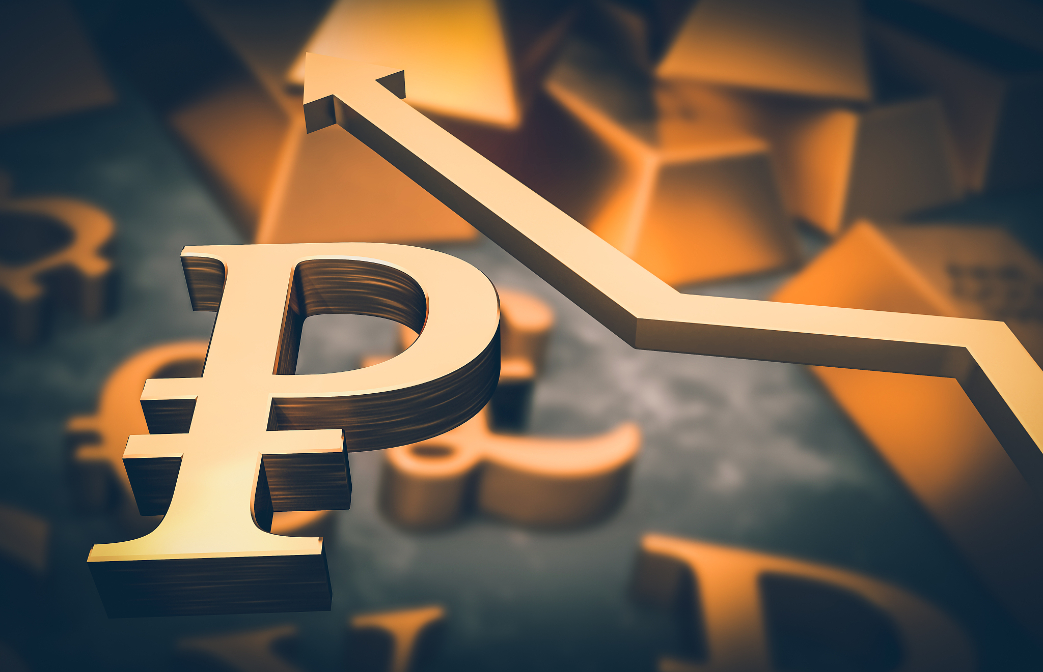 golden ruble symbol and golden arrow up