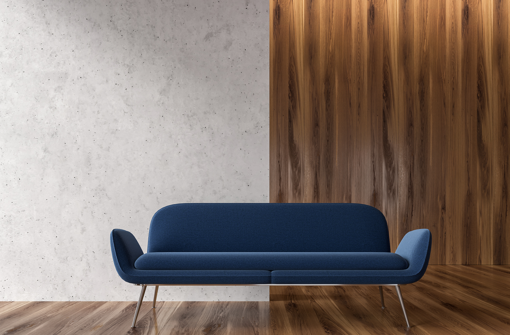 white and wooden room, blue sofa