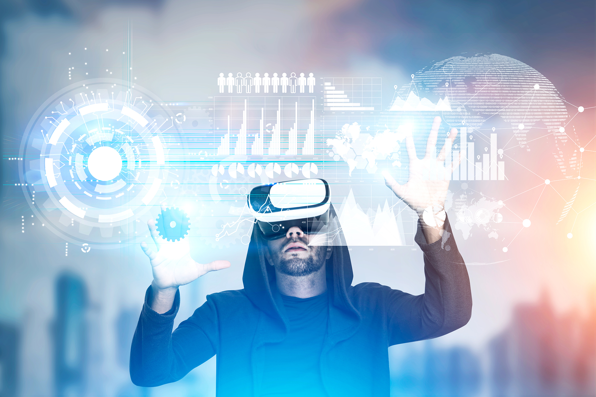 man in vr glasses works with graphs in city, toned