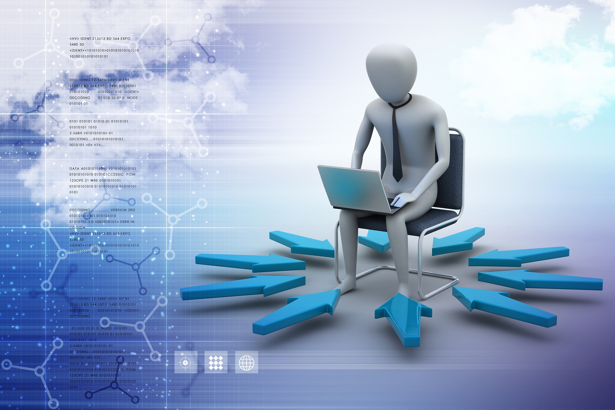 3d man working on laptop