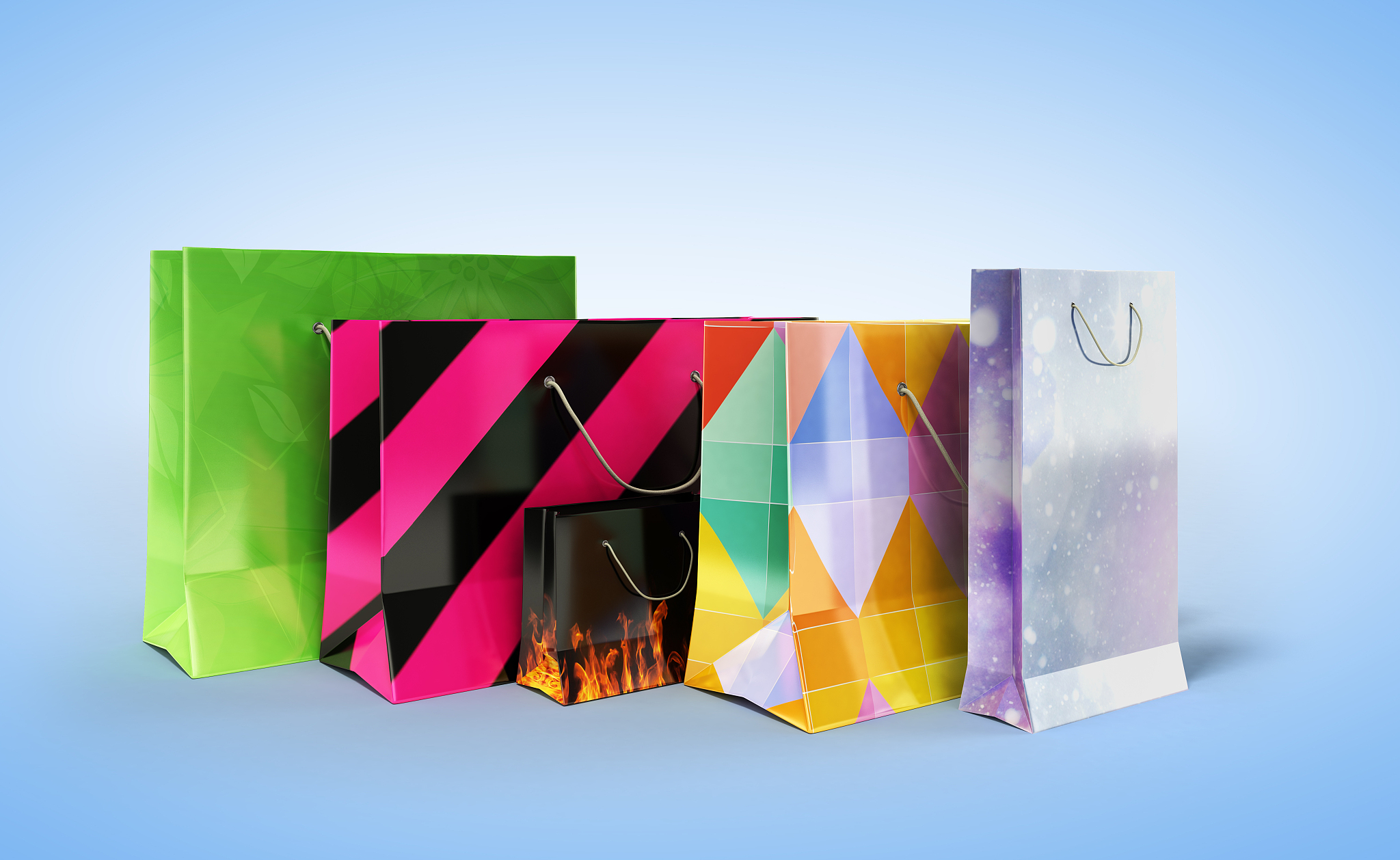 coloder paper bags 3d illustration on blue