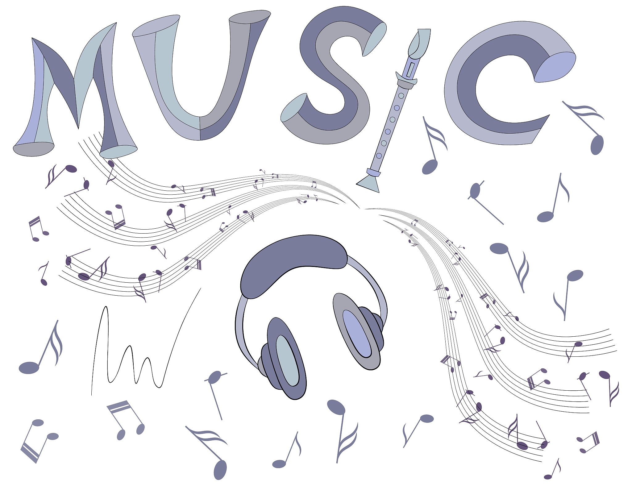lettering music, headphones, notes and musical wave on white bac