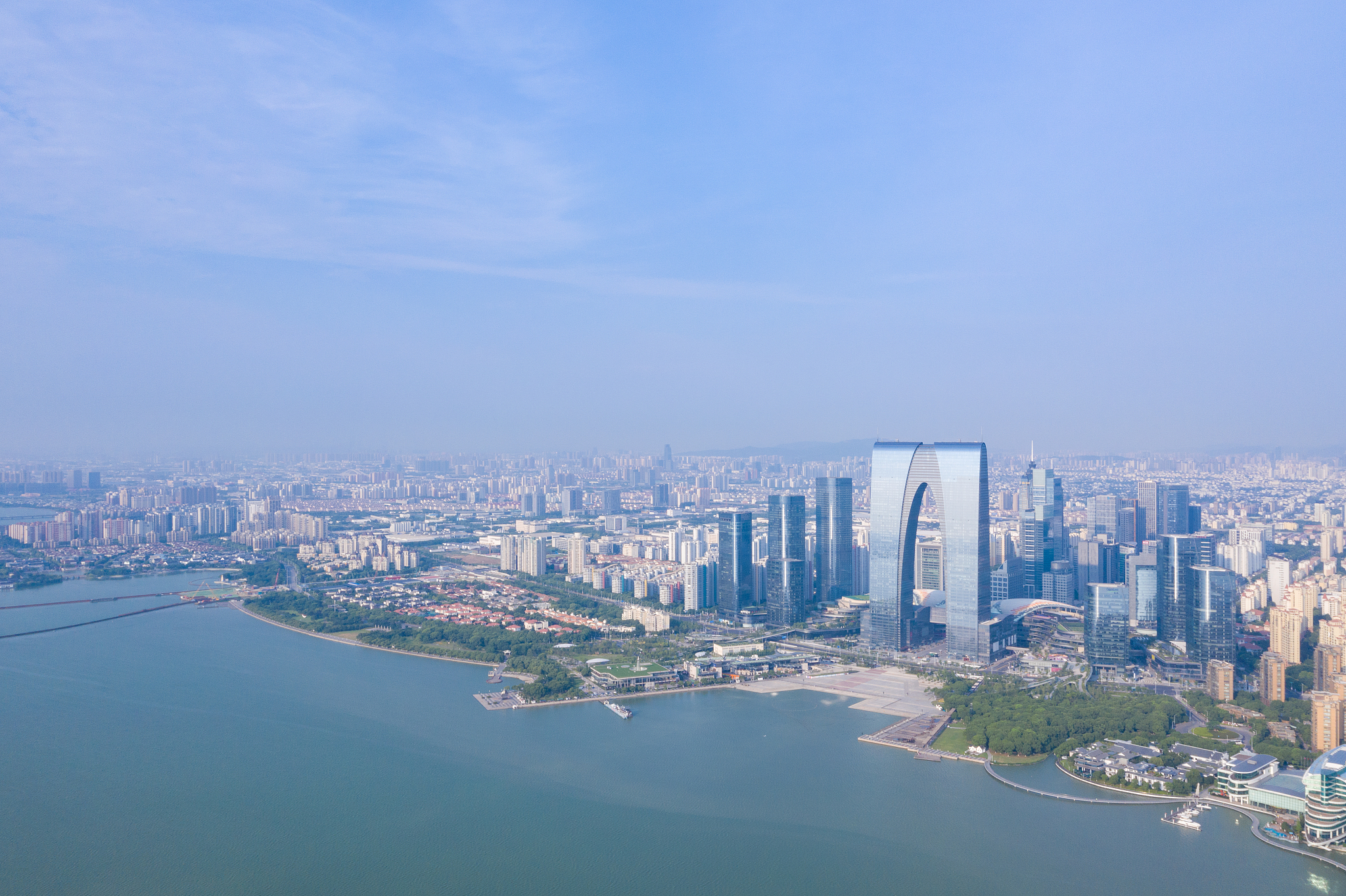 航拍苏州金鸡湖现代滨水城市风光