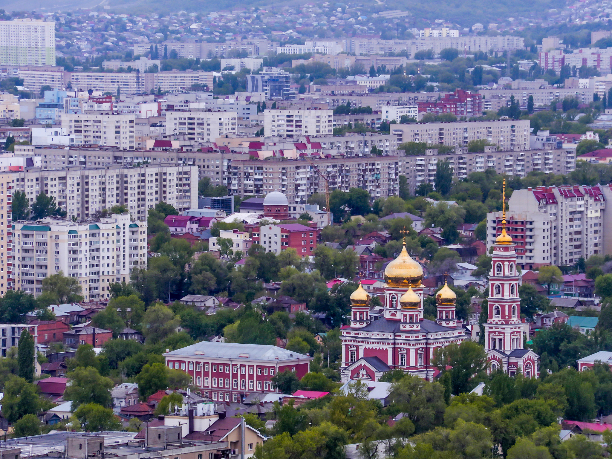 top view of the city of saratov, russia. orthodox church with go
