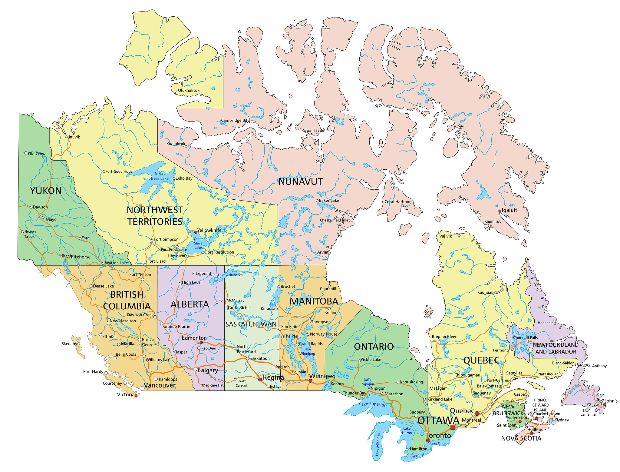 canada - highly detailed editable political map with labeling.