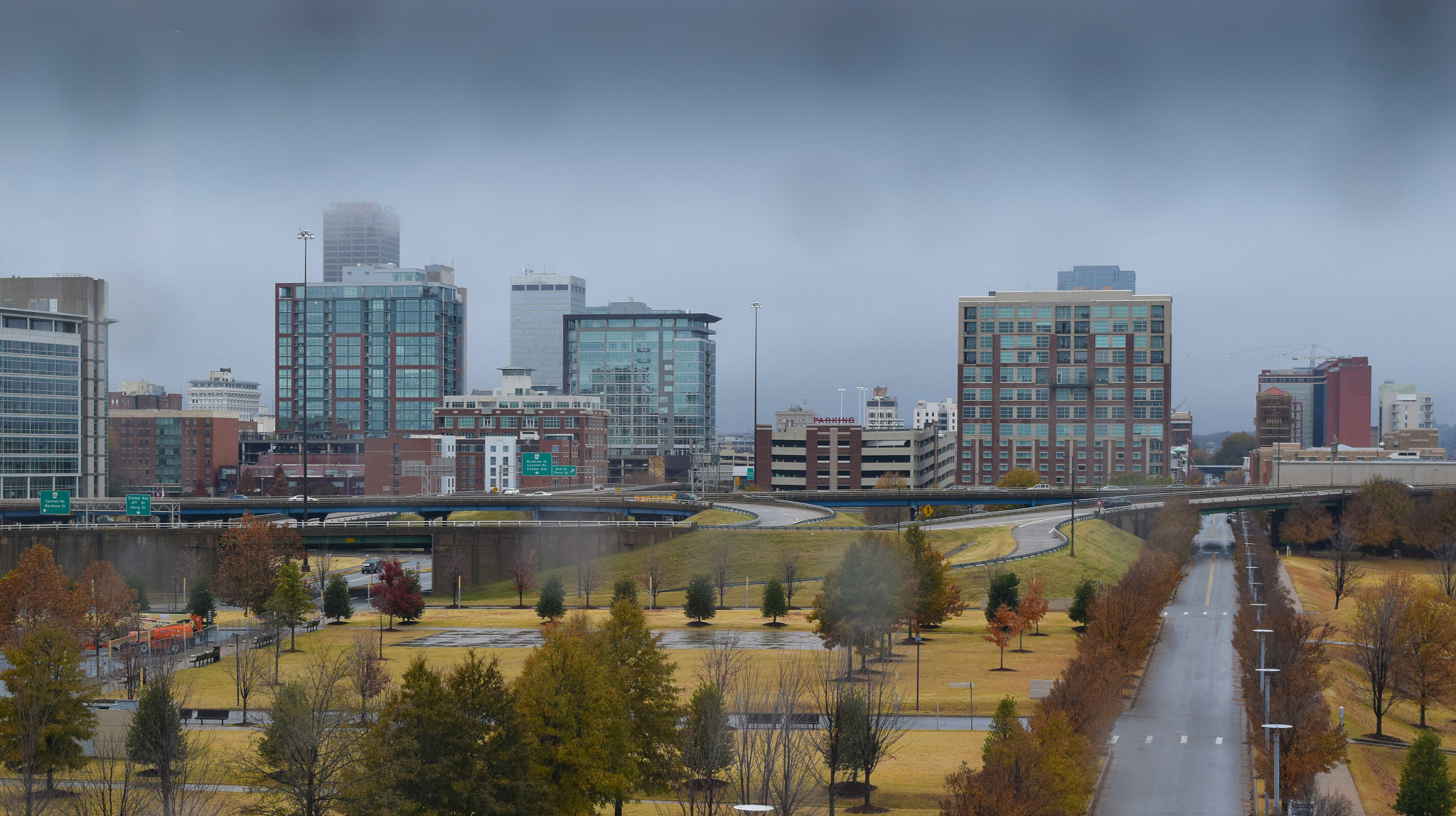 city skyline through rainy window
