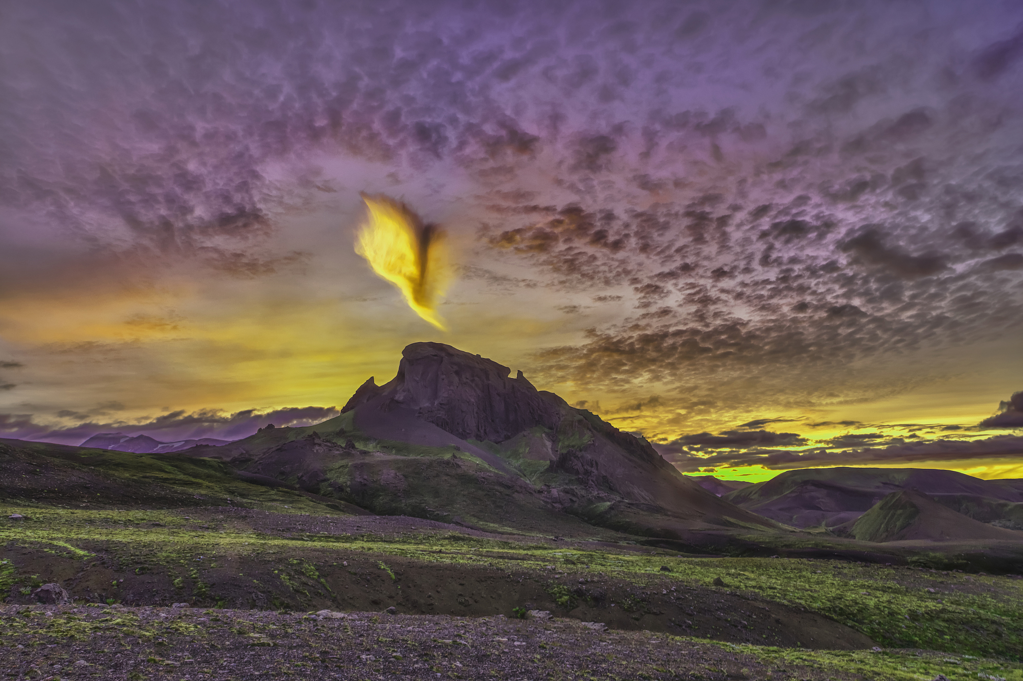 lava and moss landscape at sunset, iceland