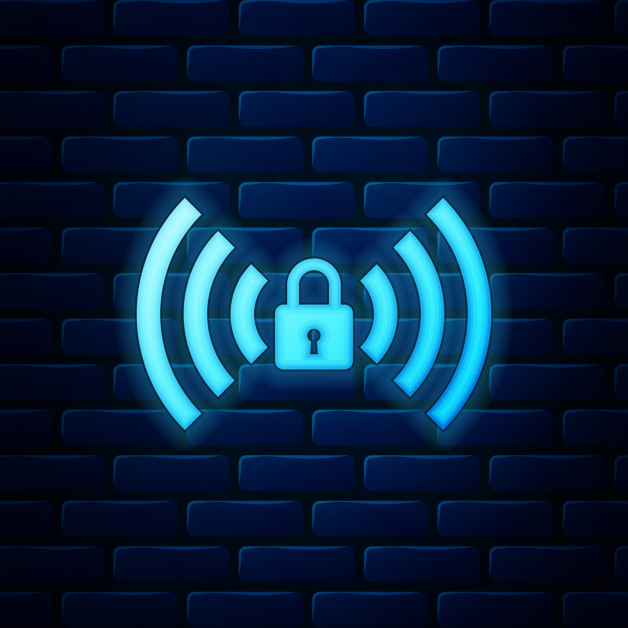 glowing neon wifi locked sign icon isolated on brick wall backgr