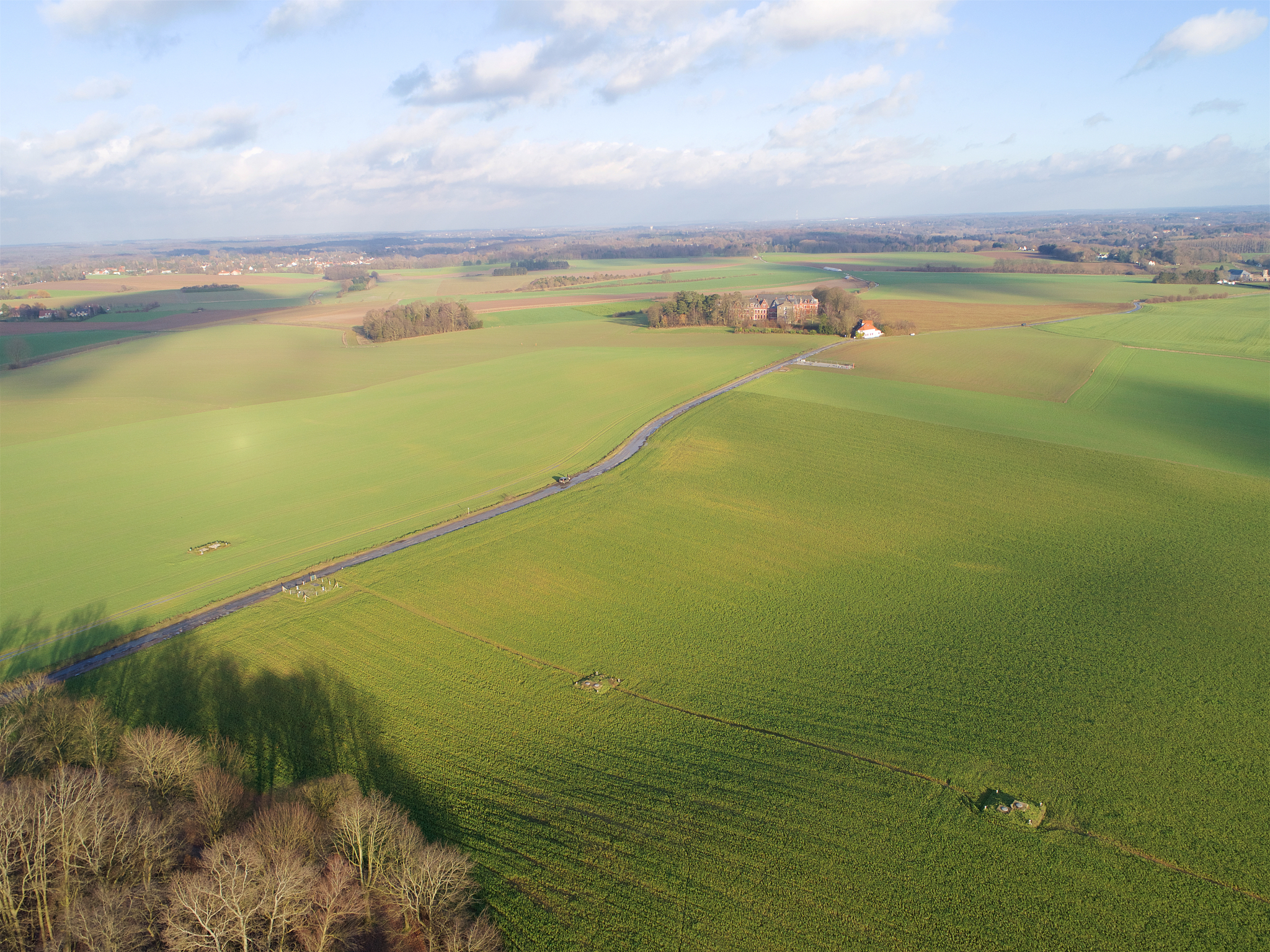 aerial view farm field, green and blue sky, season