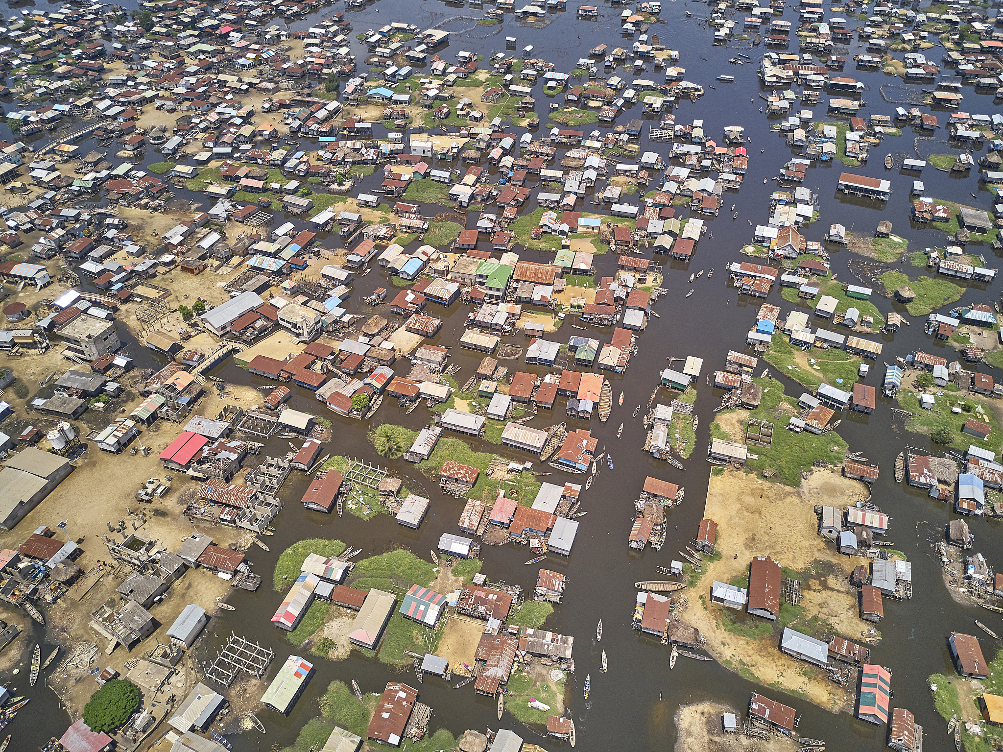 benin, ganvie, aerial view of fishing village on lake nokoue
