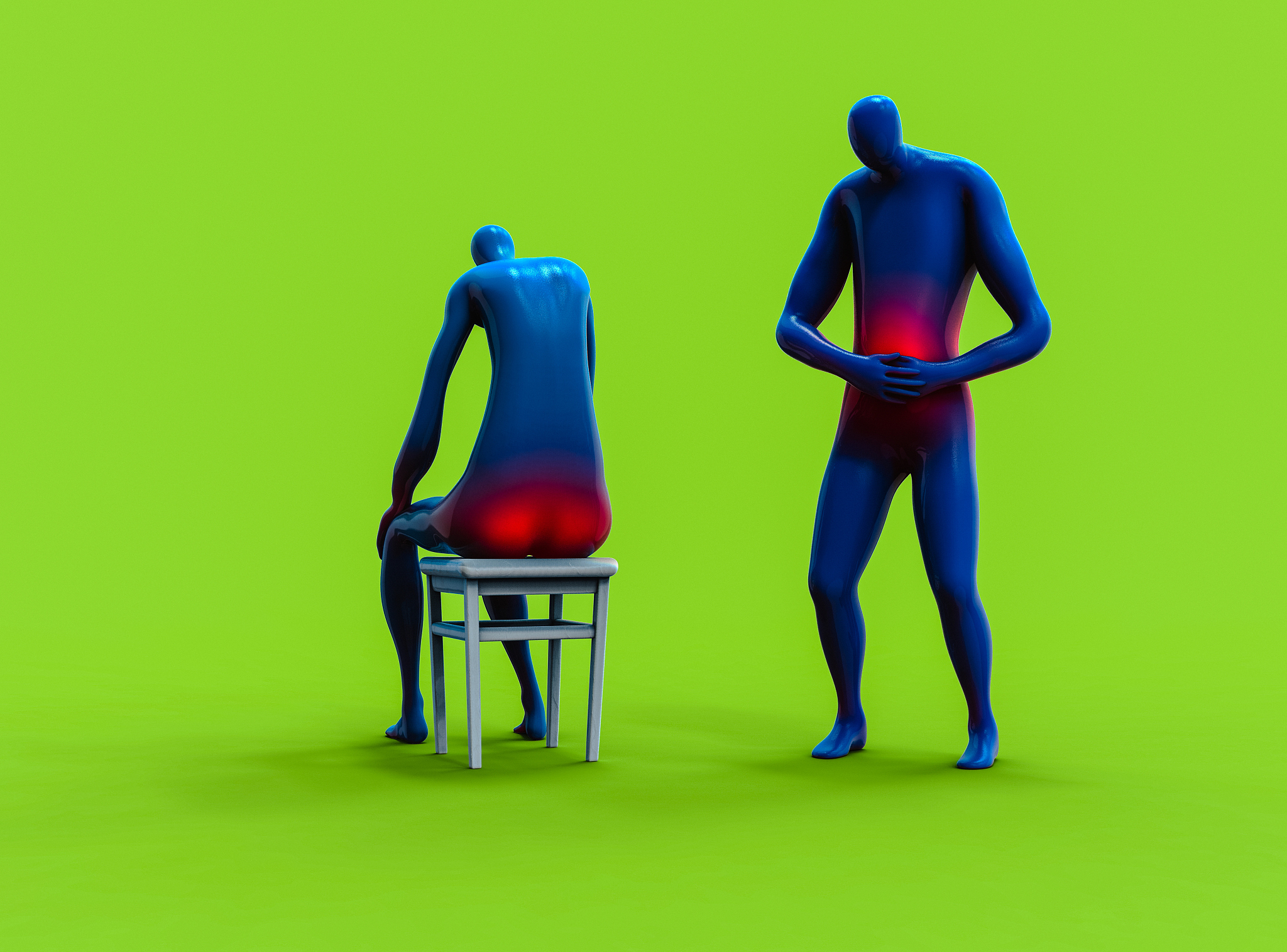 man feeling stomachache and man having hemorrhoid 3d illustratio