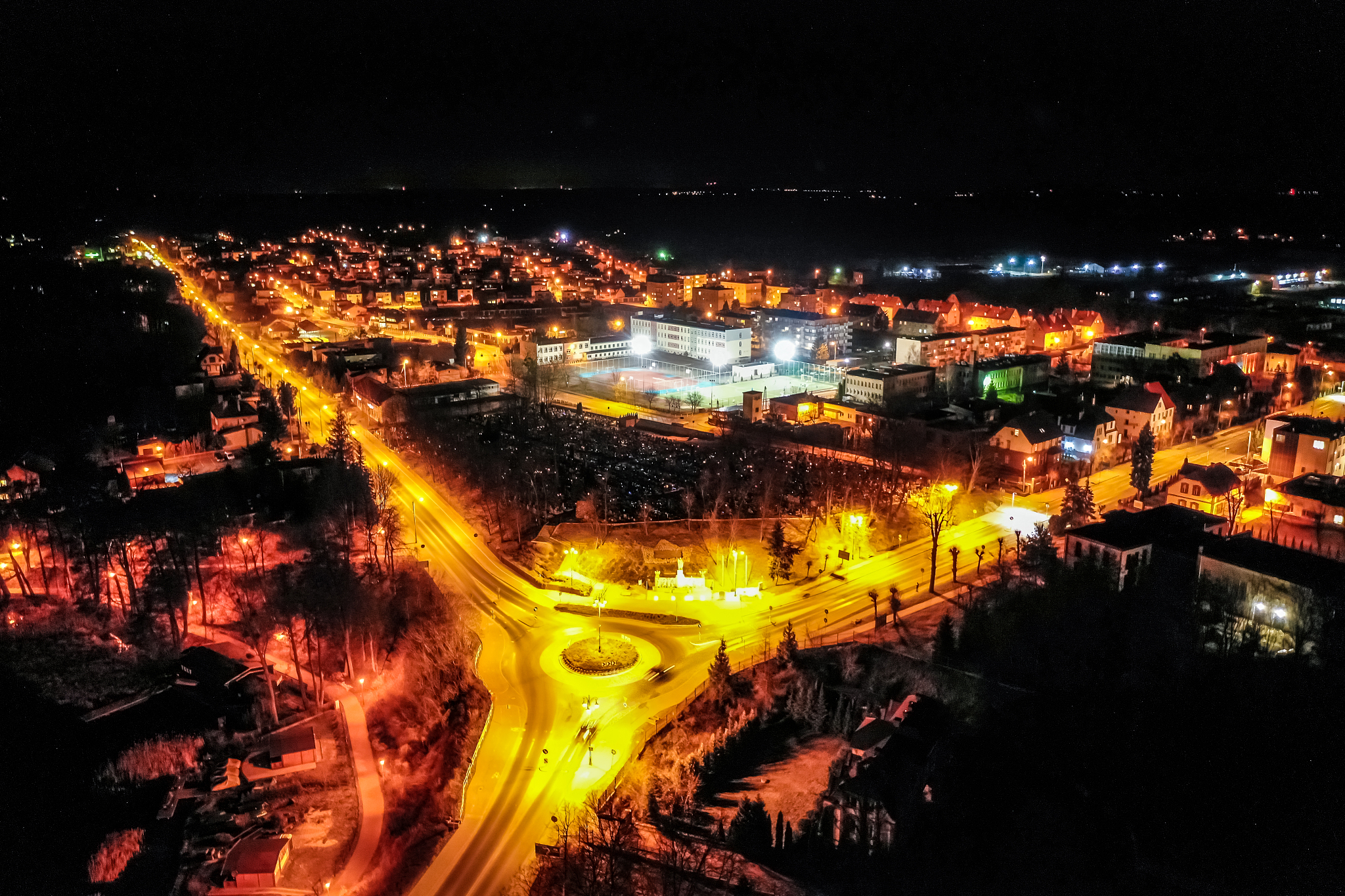 aerial view of amazing illuminated city by night, poland