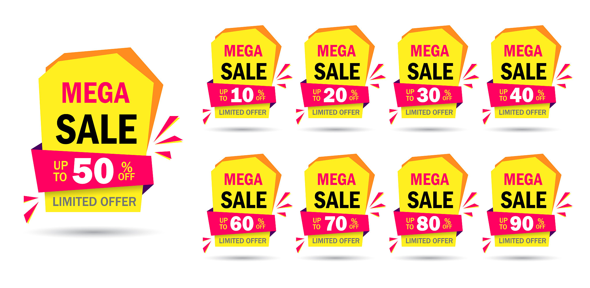 discount mega sale offer tag 50, 20, 10, 40, 30, 60, 70, 80, 90 