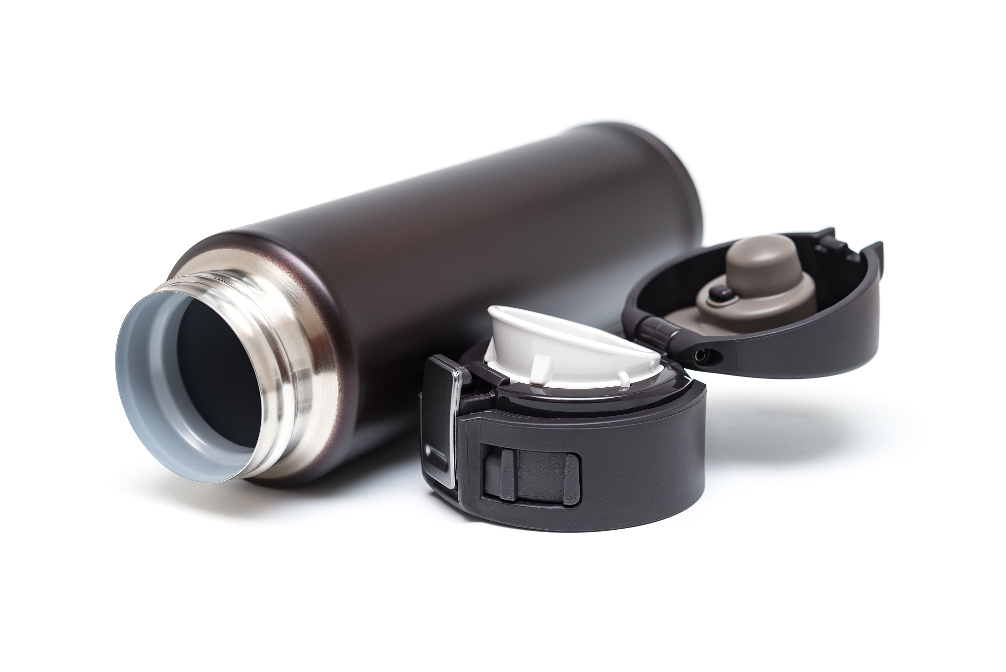 opened burgundy vacuum tumbler with safety lock on white backgro