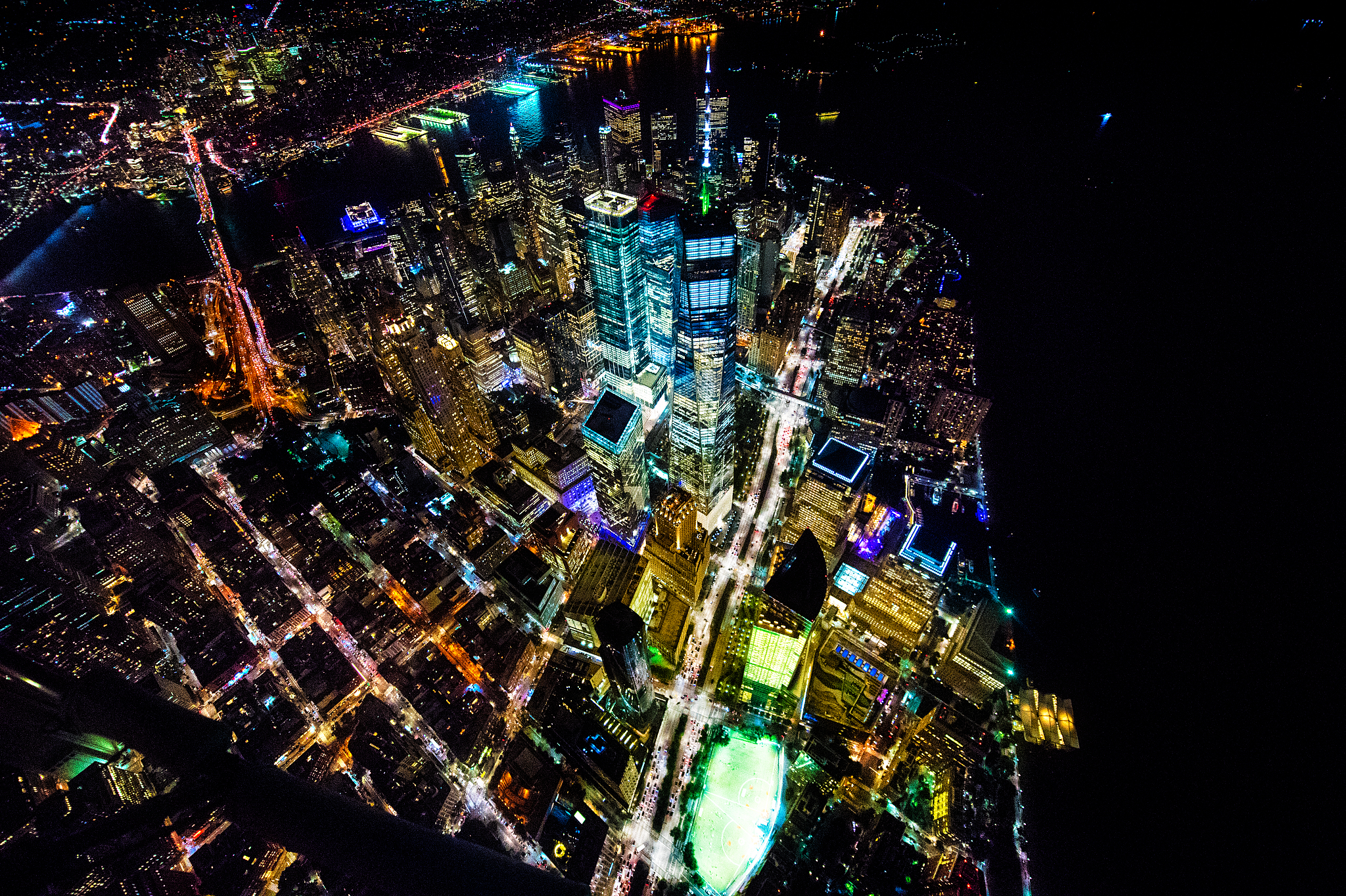 helicopter nighttime view of the one world trade center standing