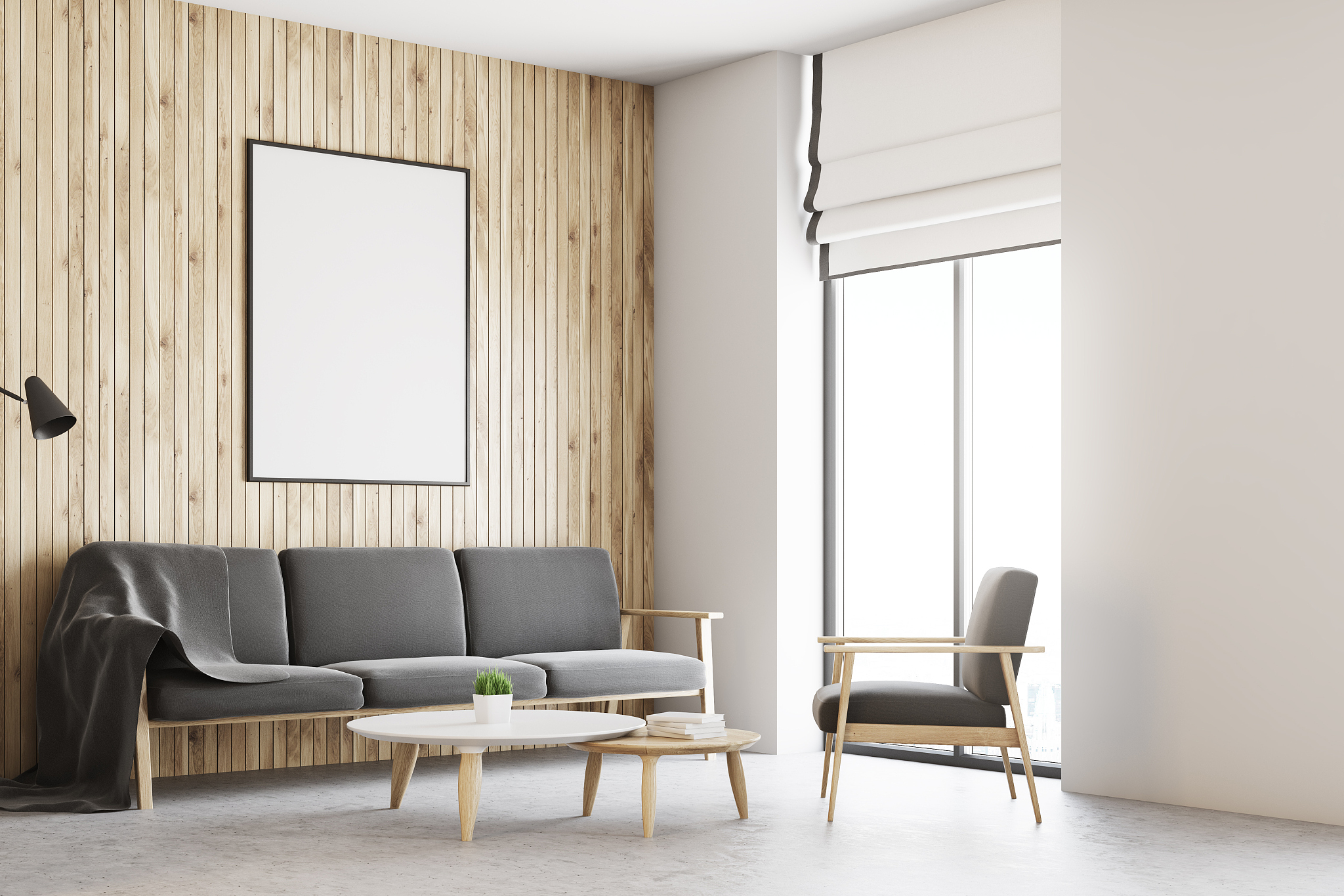 white and wooden living room interior, poster side