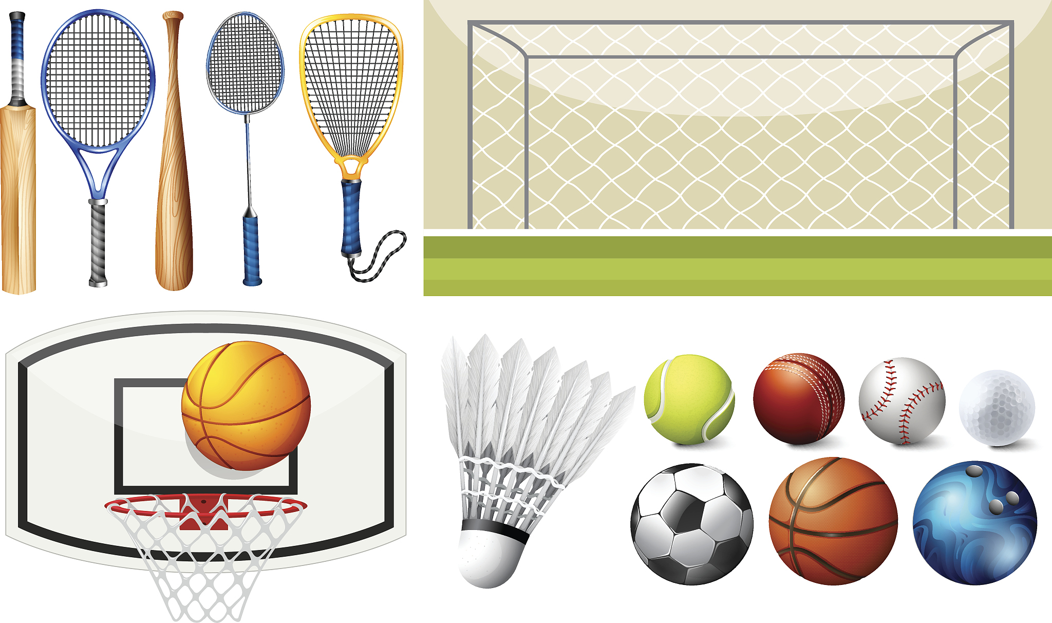 sport equipments and different goals