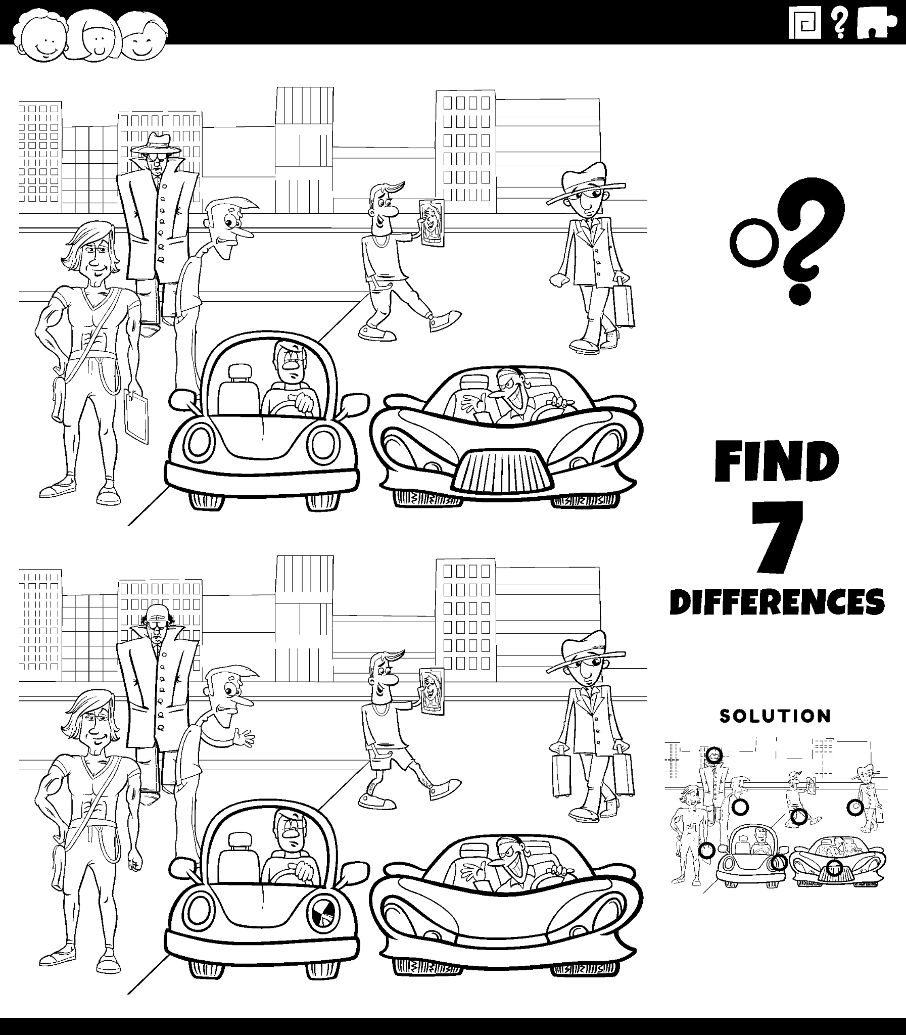 differences game with cartoon city people coloring book page
