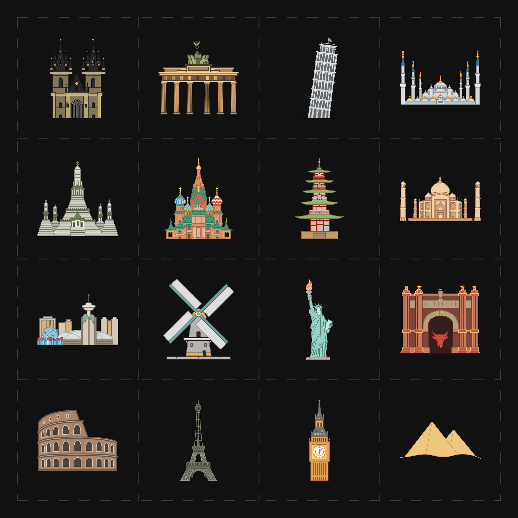 sixteen flat landmark icons