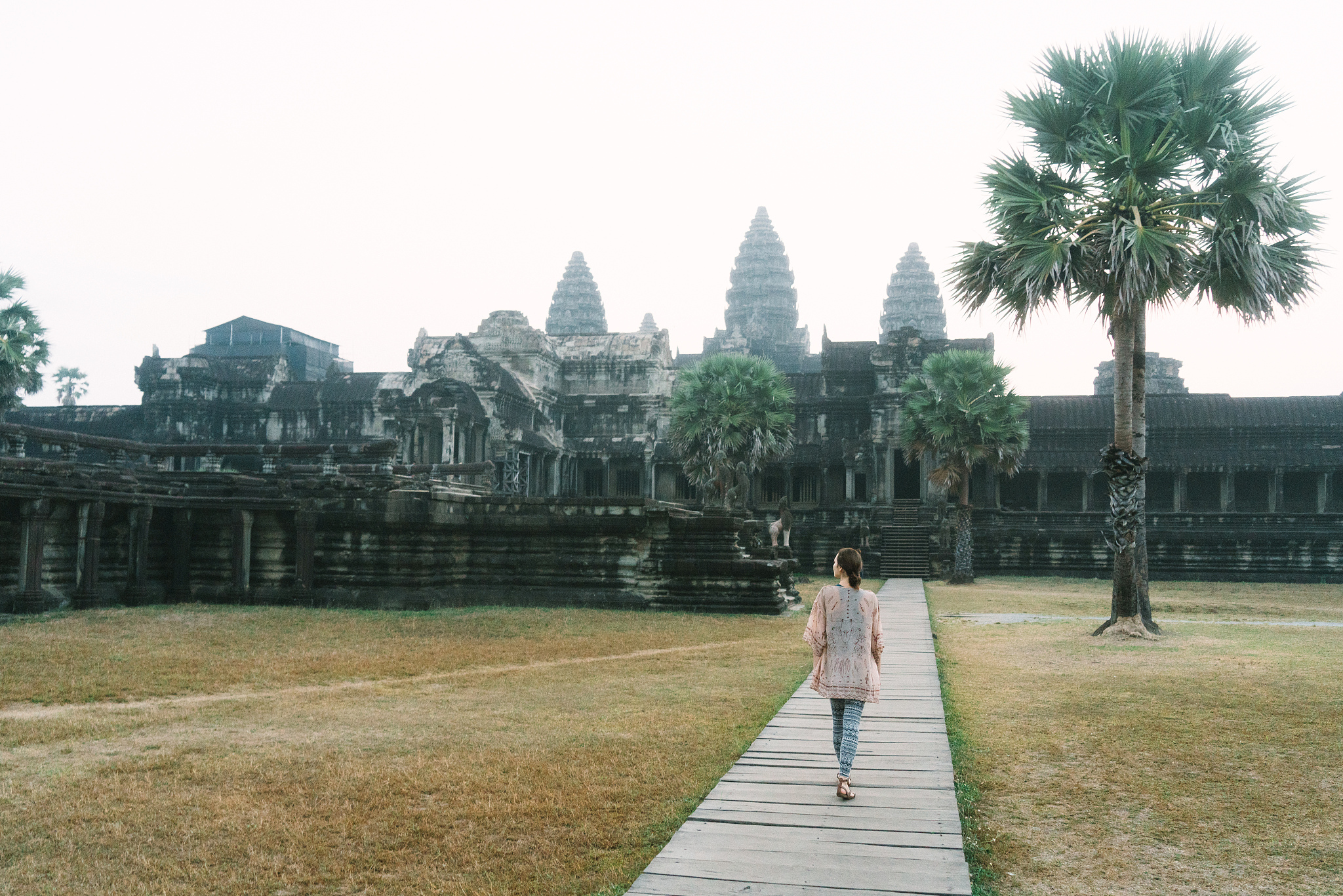 young caucasian woman in angkor wat