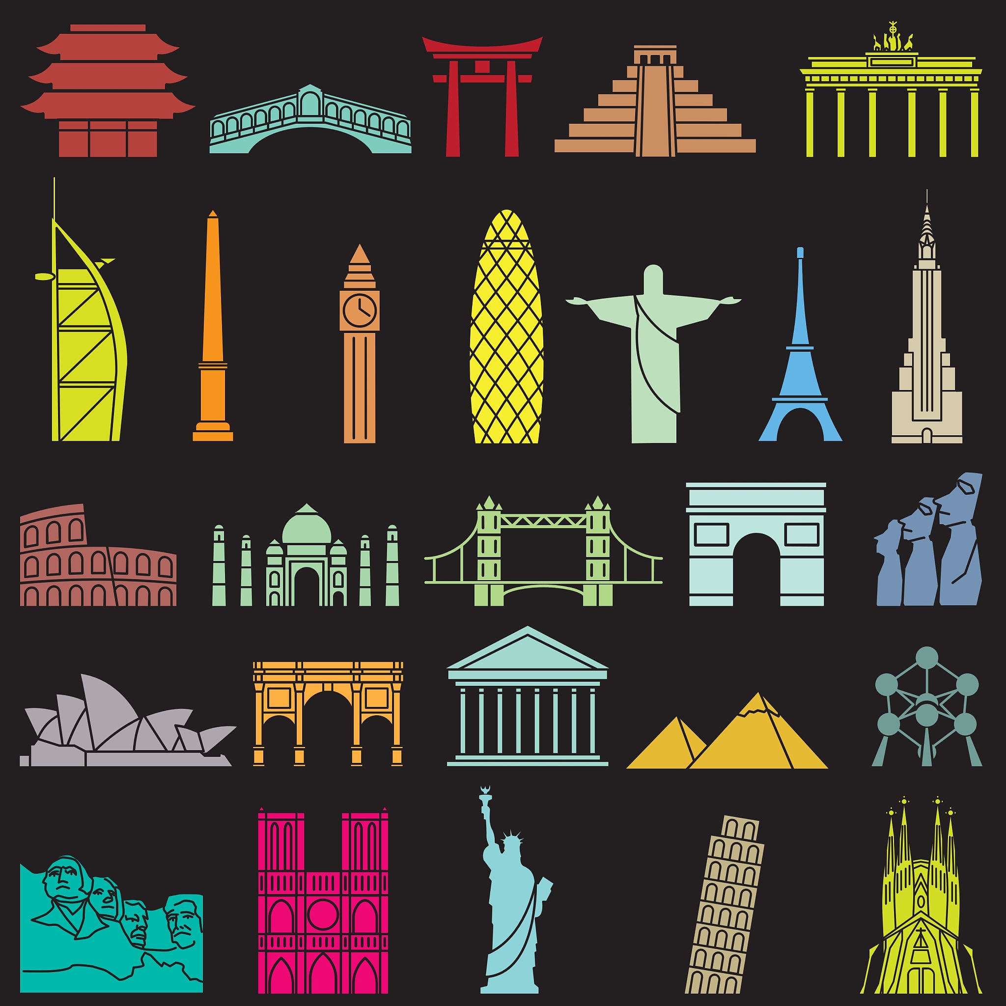 world famous monuments icon set