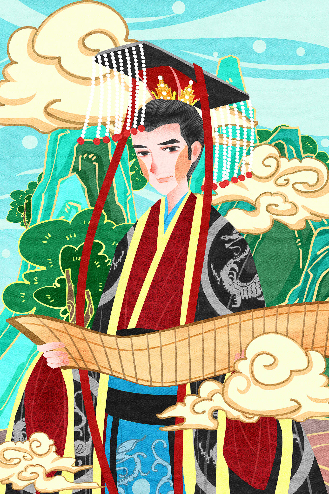 插画,<strong>汉朝</strong>,中国,风,祥云,竹简,龙袍,国潮风,男性,一个人