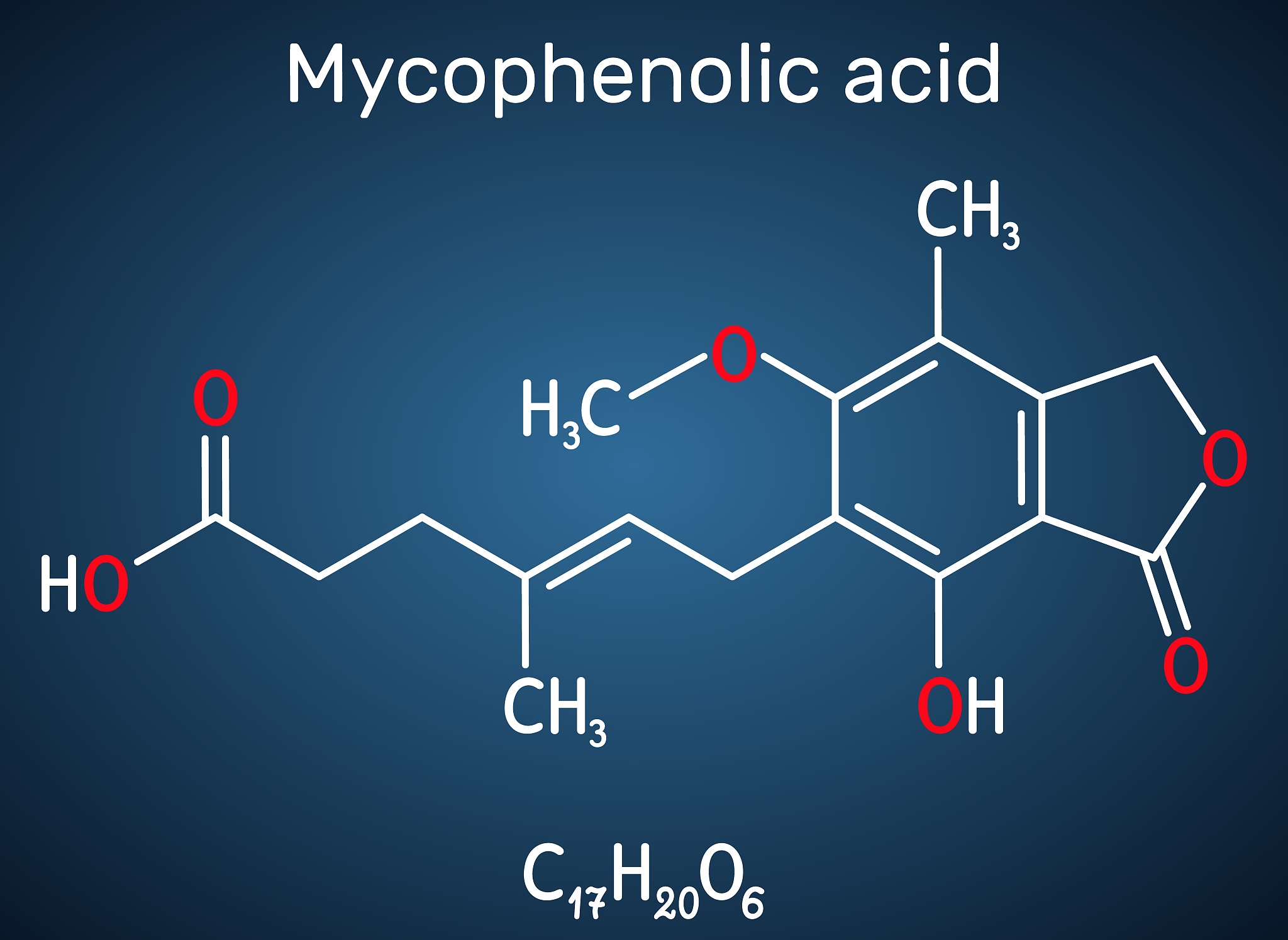 mycophenolic acid, mpa, mycophenolate, c17h20o6 molecule. it is 