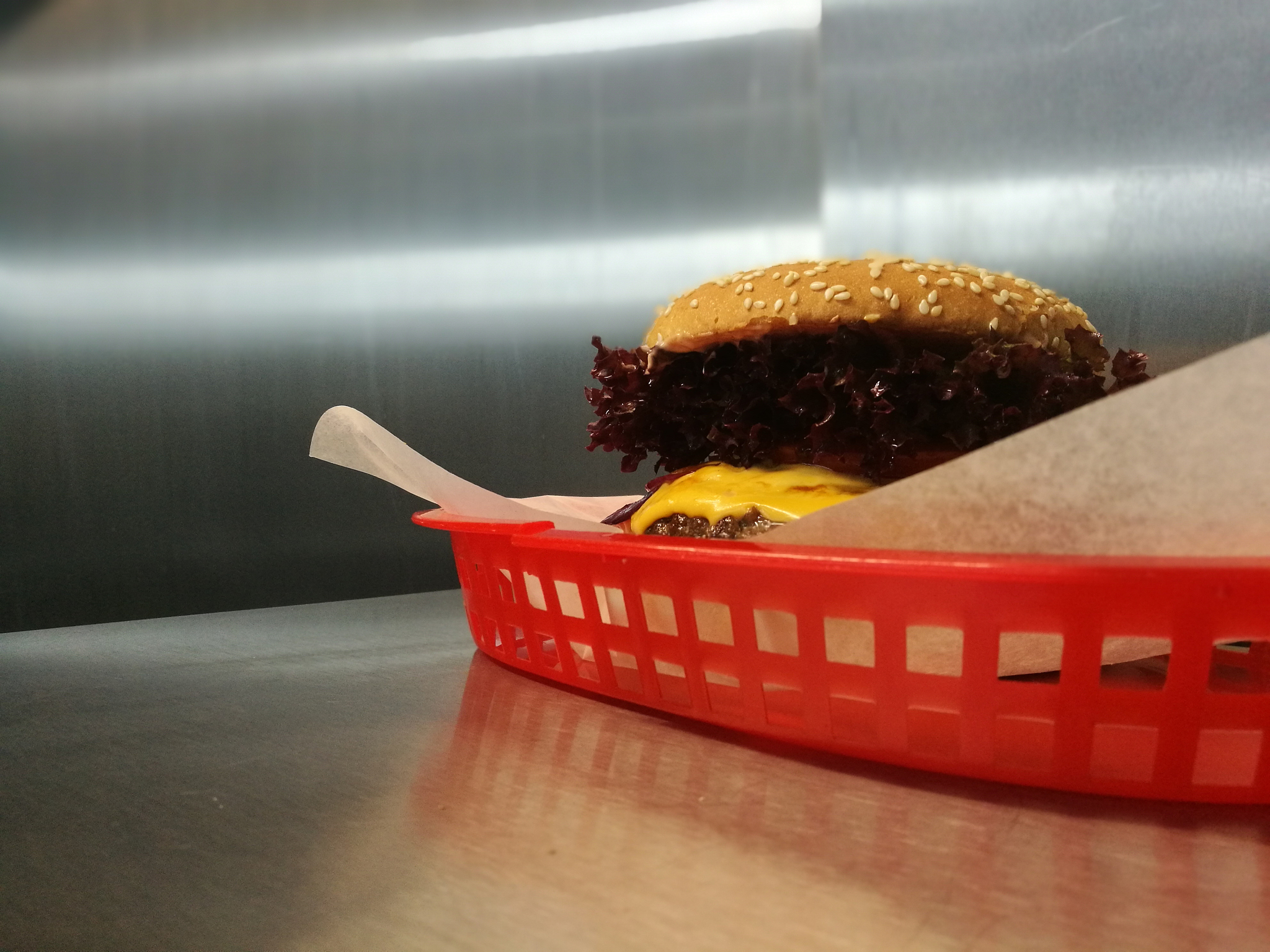 close-up of burger in container on table