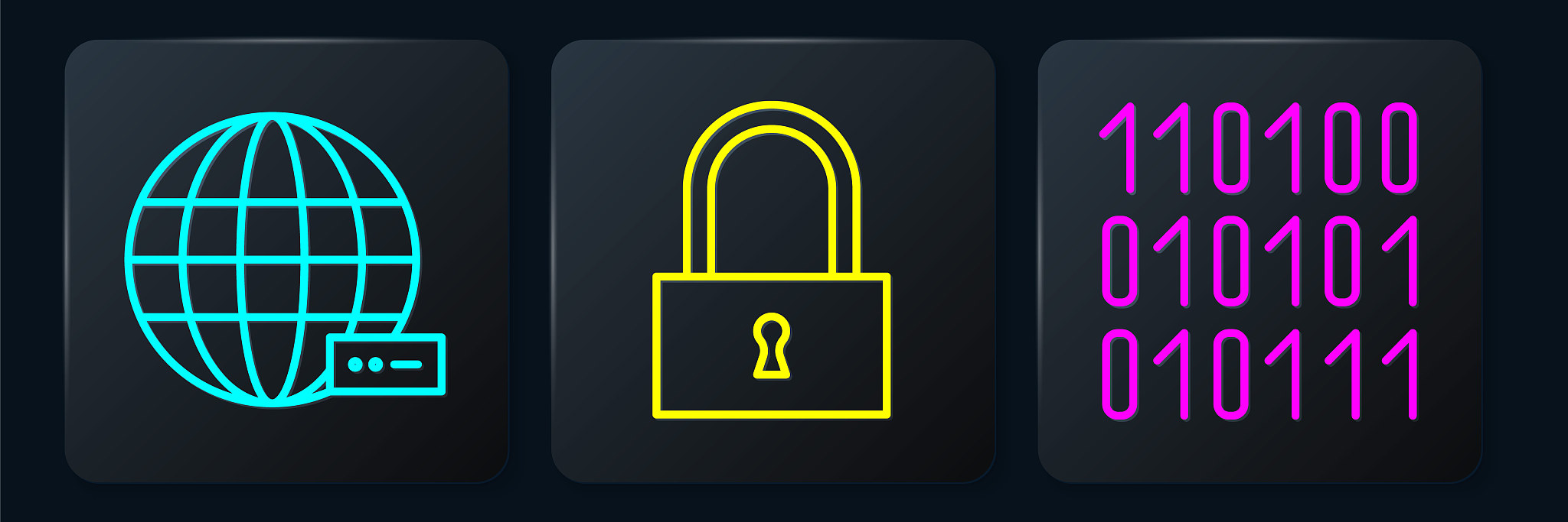set line social network, binary code and lock. black square butt