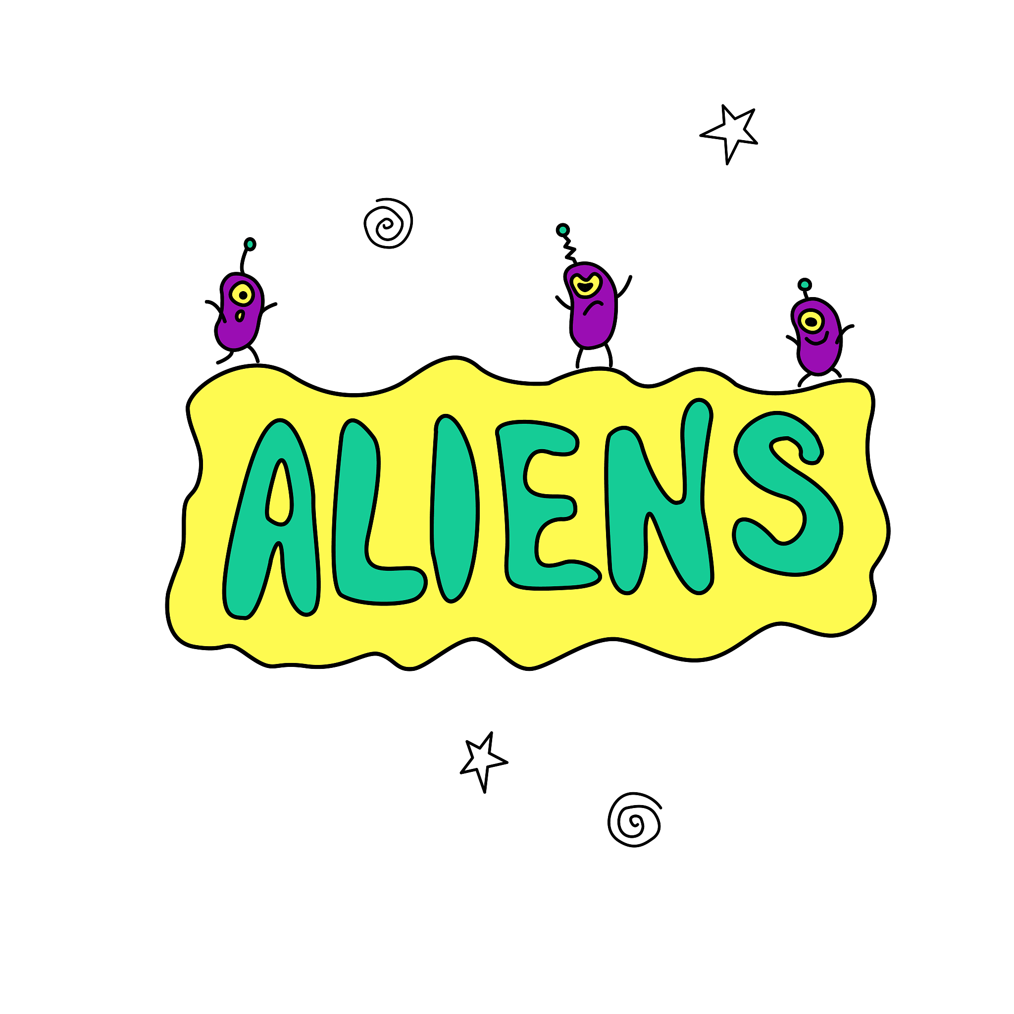 aliens - handwritten calligraphy vector illustration. color lett
