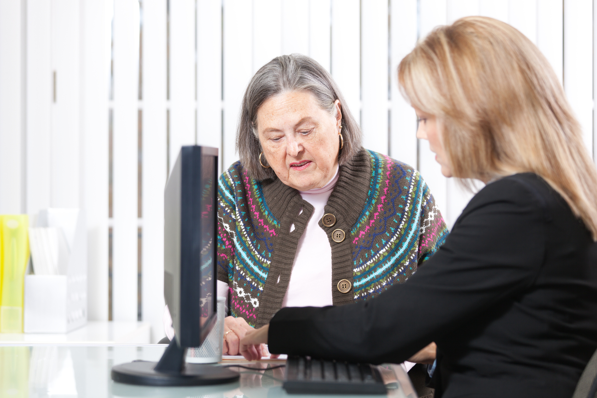 senior woman consulting with banking and financial advisor hz