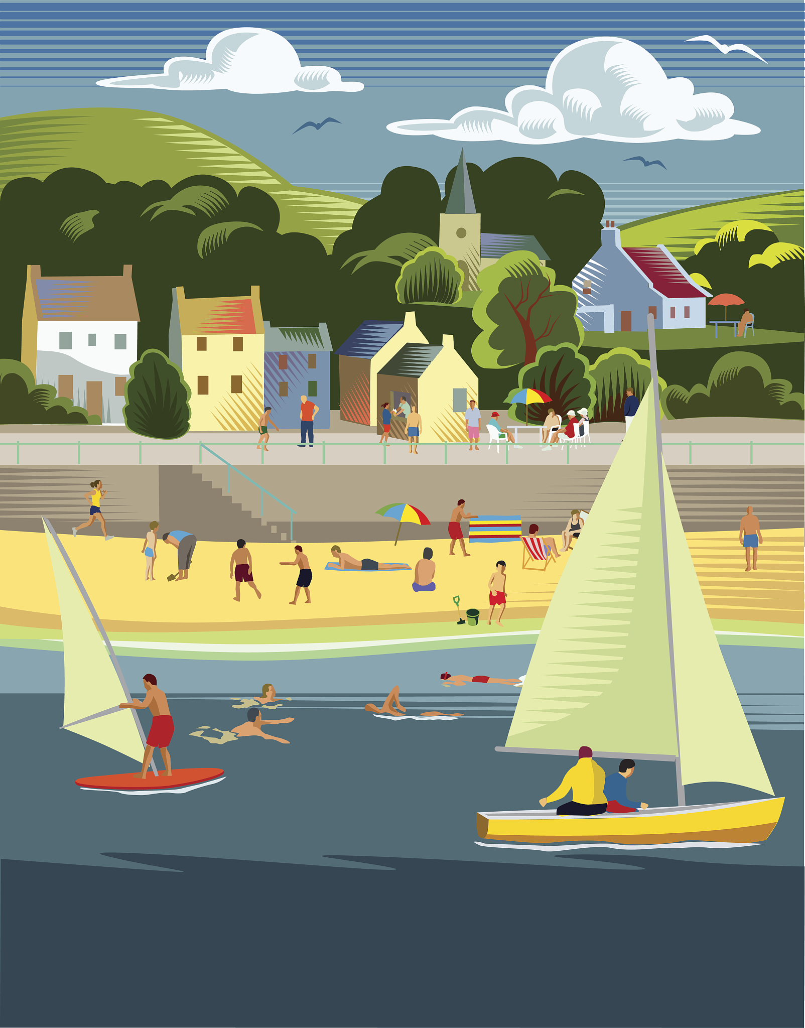 Doodle Art Request: Coastal Town Scene with Seagulls, Beach, Palm Trees, and a Cruise Ship